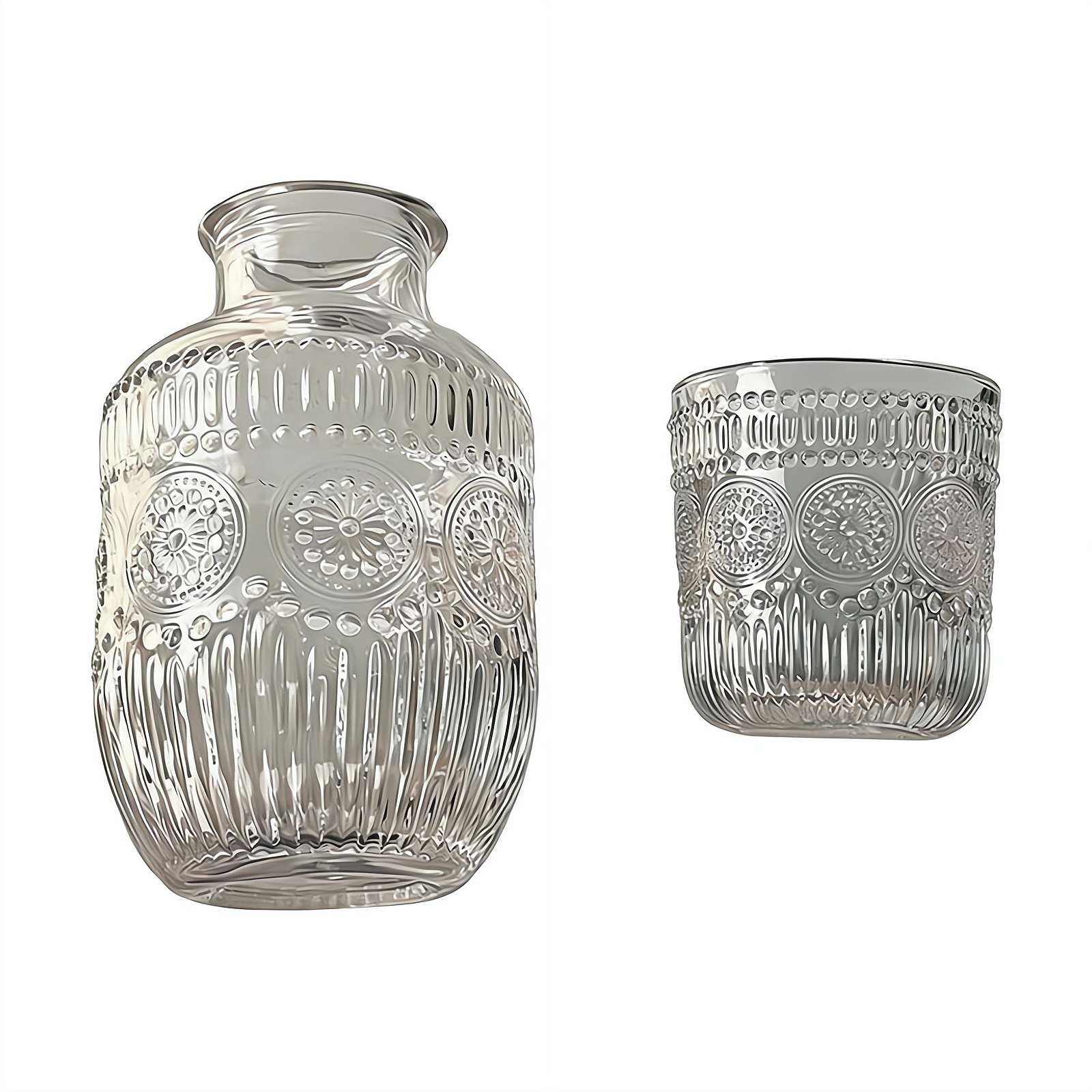 Vintage Bedside Water Carafe and Glass Set, 19OZ Clear Nightstand Pitcher with 5OZ Cup Set, Mouthwash Bottle & Midnight Drink Dispenser, Elegant Glassware for Juice, Kitchen, Bedroom, Bar, Bathroom