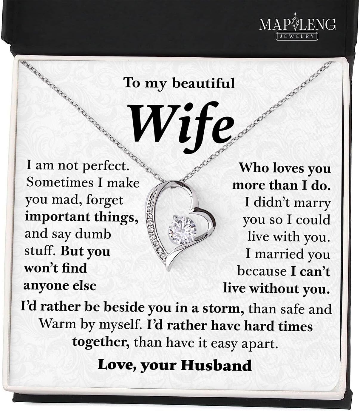To My Wife – Heart Necklace from Husband with Heartfelt Message Card & Elegant Luxury Gift Box, A Meaningful Romantic Jewelry Gift for Anniversary, Birthday, Wedding, Christmas