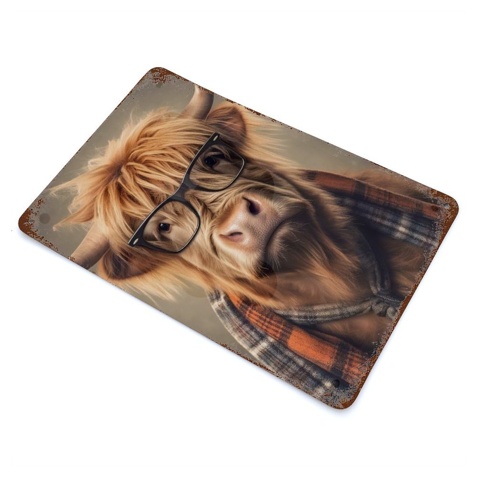 Aged Metal Wall Plaque with Funny Dressed Highland Cow Design 11.8"x7.9", for Pub, Kitchen And Man Cave Decor, Shabby Chic Decor