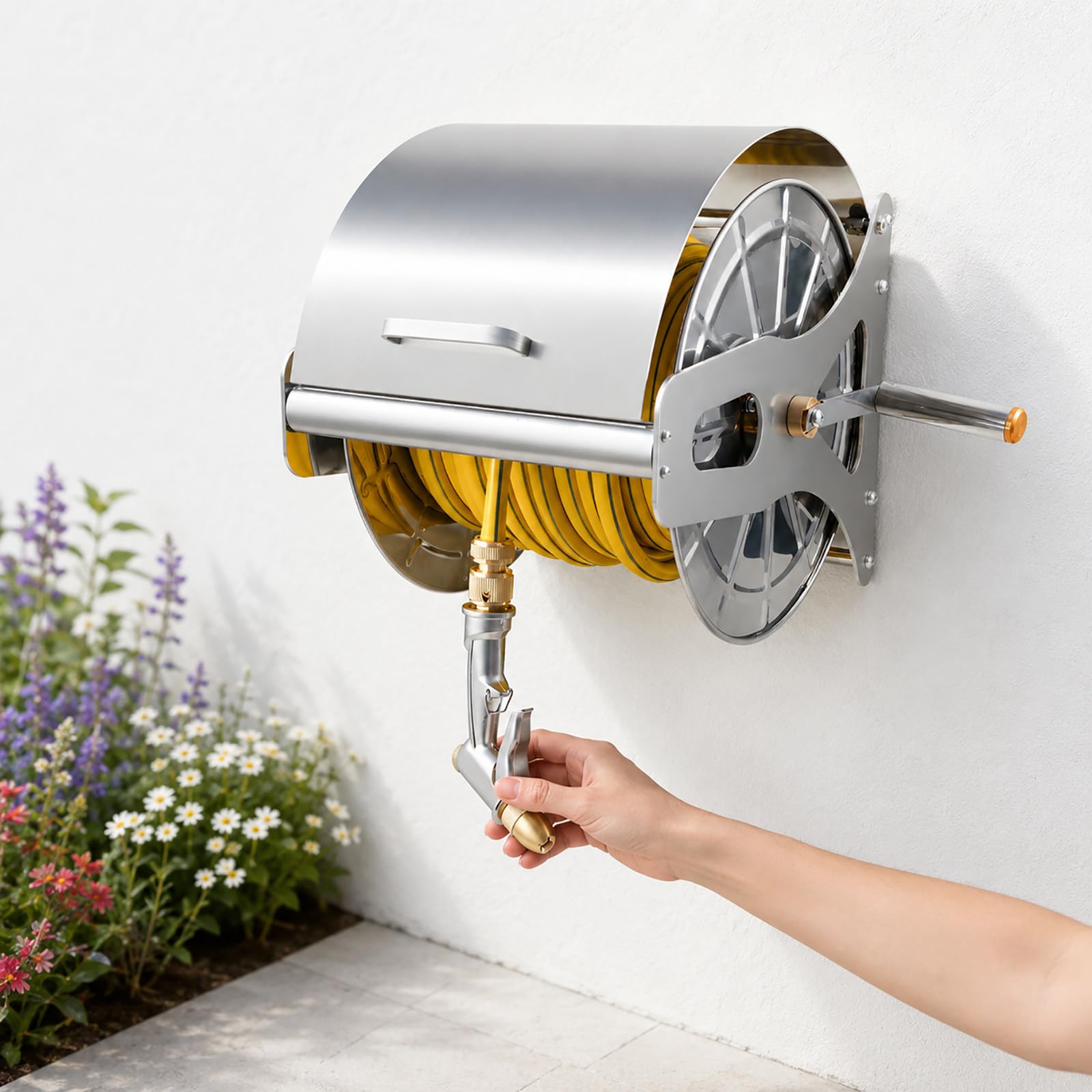 Metall-Schlauchtrommel mit Kurbel und Abdeckung, 304-Edelstahl, Wand- oder Bodenhalterung, 50 m Kapazität, für Garten, Terrasse, Autowäsche und Außenreinigung 20m