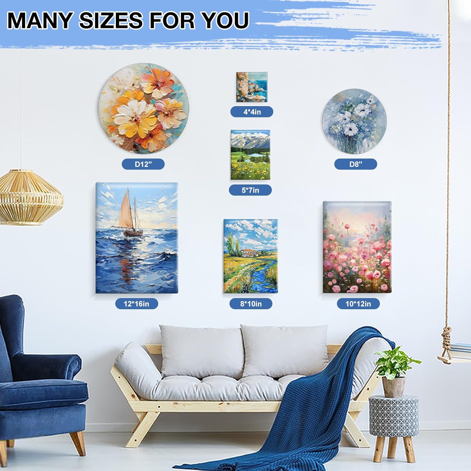 ESRICH 12 Pack Stretched Canvas for Painting, 4x4, 5x7, 8x10, 10x12, 12x16(2 of Each), Round Canvas with 8x8, 12x12(1 of Each), Blank Canvases Primed Paint Canvas for Beginners, Artists. - Image 7