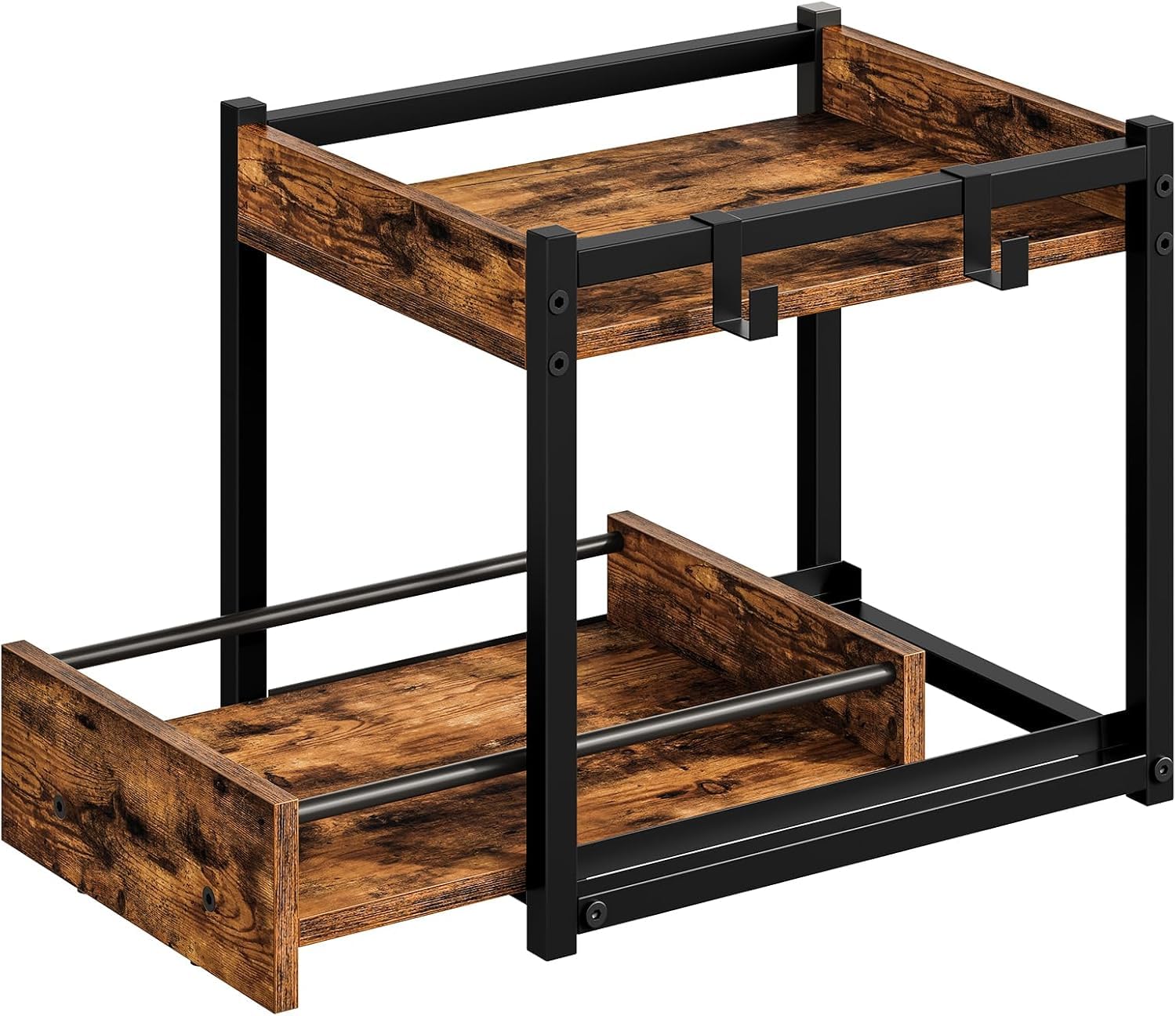 HOOBRO Gewürzregal, Küchenregal mit 2 Ebenen, Gewürzständer mit ausziehbaren Tabletts und Haken, Küchen-Organizer, für Küche, Wohnzimmer, Schlafzimmer, rustikales Braun und Schwarz EBF08TL01