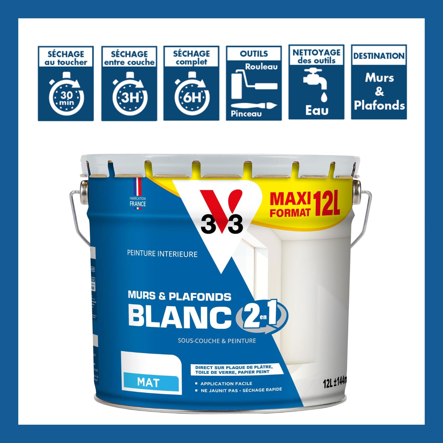 V33 Peinture blanche mur et plafond mat, BLANC 2 EN 1, 12L