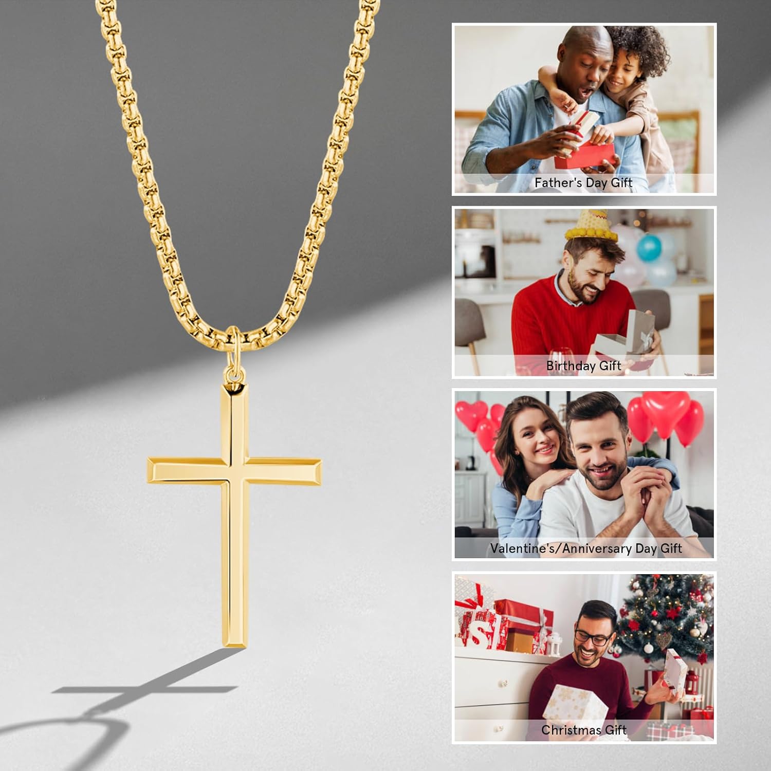 FANCIME Cross Necklace for Men Sterling Silver Cross Necklaces High Polished Gift For Men, Stainless Steel Box Chain Length 24 Inch