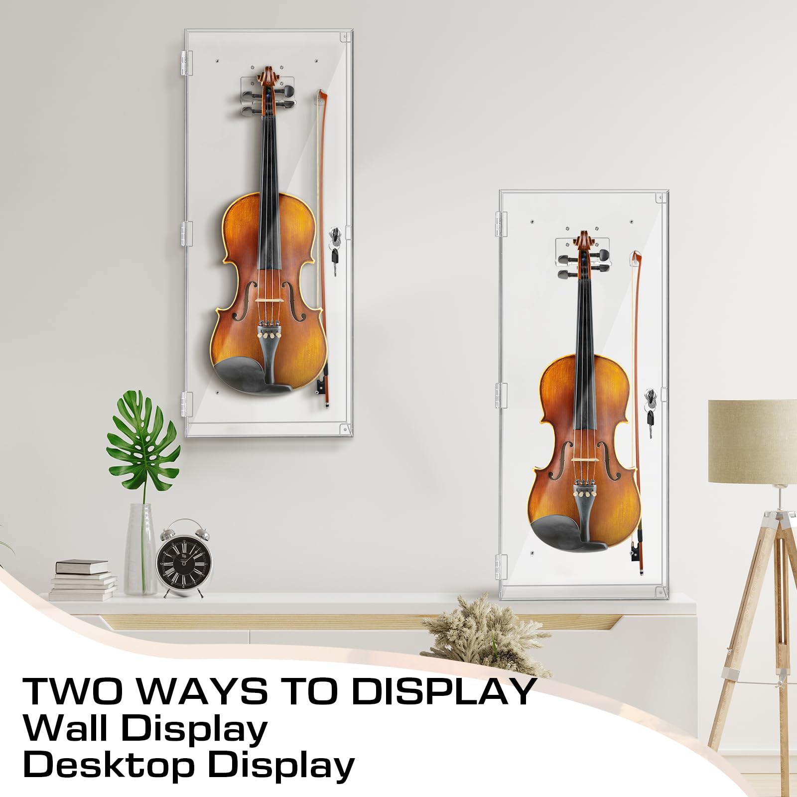Silipull Geige Acryl Vitrine mit Schloss Schlüssel Magnetische Tür Ukulele Fiddle Vitrine Shadow Box mit Aufhänger 29,5 x 12 x 4,75 Zoll Violinenkoffer für Musiker Sammlung