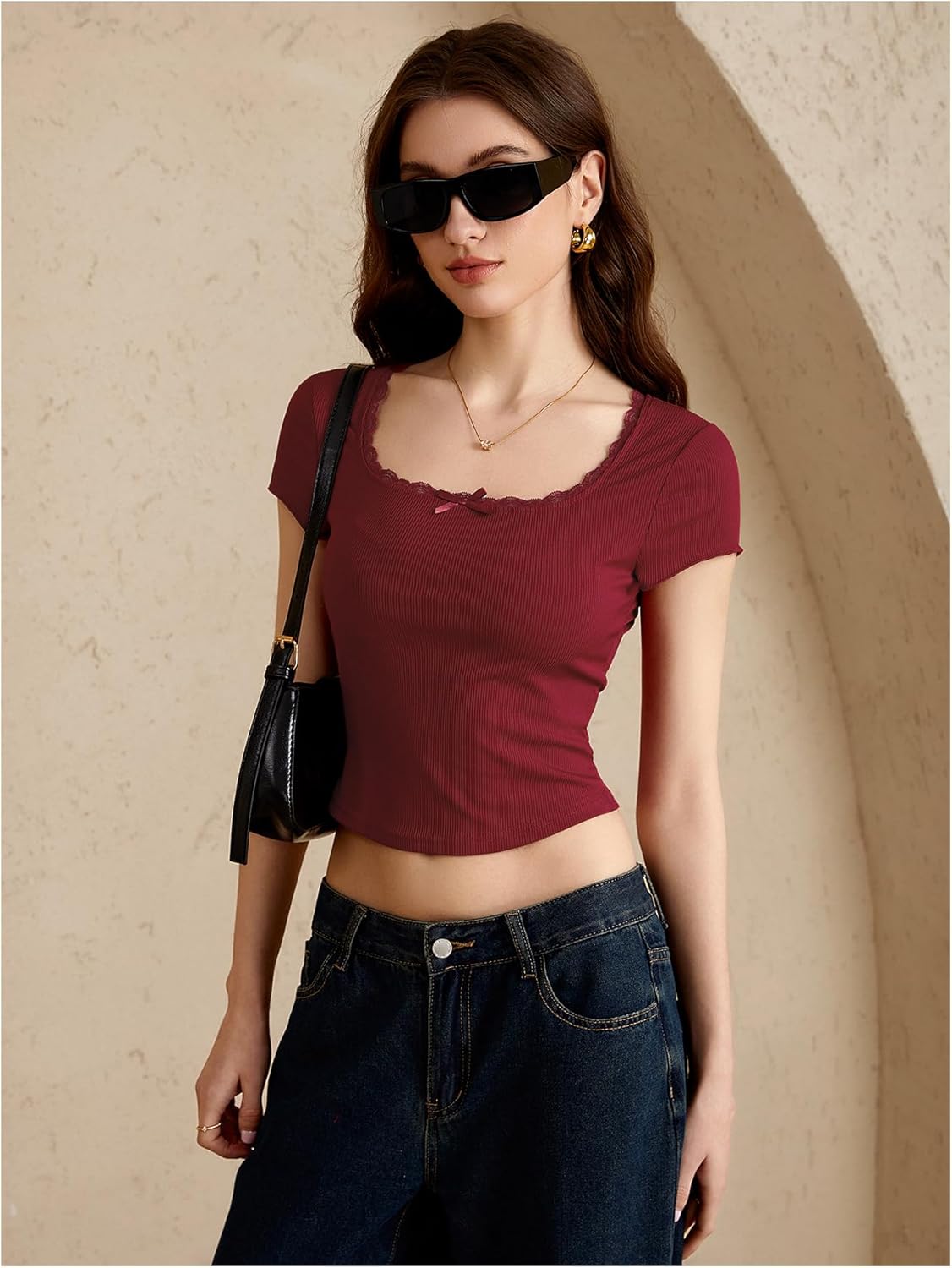 Women's Lace Trim Square Neck T Shirt Cute Bow Short Sleeve Ribbed Knit Tee Tops - Image 4
