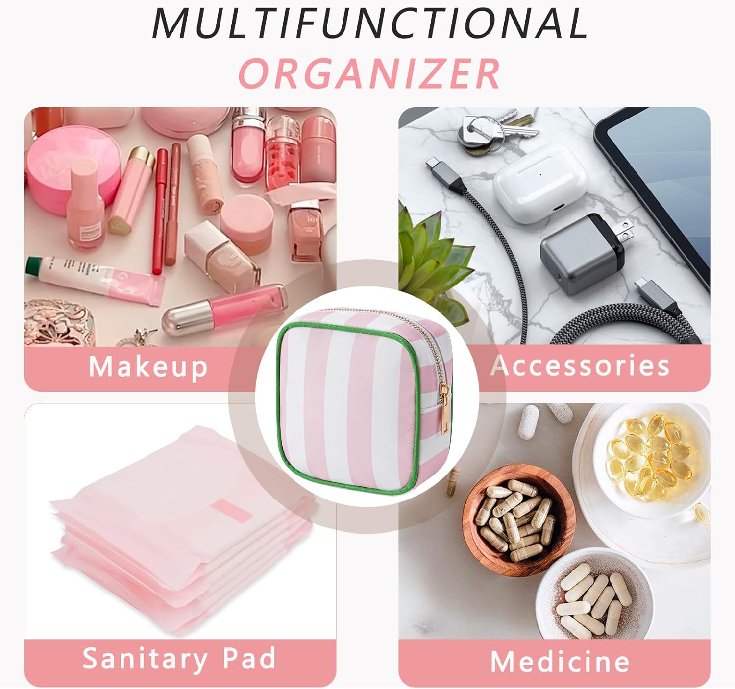 Small Stripe Makeup Bag for Purse, Mini Cosmetics Bag with Zipper, Cute Cosmetic Pouch for Women Girls, Key Pocket Lipstick Pouch Card Holder Data Cable Organizer(02Pink Stripes) - Image 8