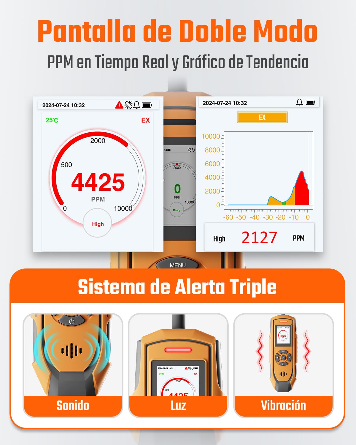 TopTes Detector De Gas Recargable PT-990 con Sonda Flexible de 28 cm, Rango de Detección 0–10,000 ppm, Registro de Datos y 3 Tipos de Alarma, Detector de Fugas de Gas para Propano, Metano - Naranja