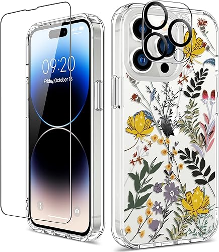 Miniatura 45 de GiiKa Funda rígida para iPhone 14 con protector de pantalla, 6.1 pulgadas, transparente, a prueba de golpes, diseño floral rosa, para niñas y Small