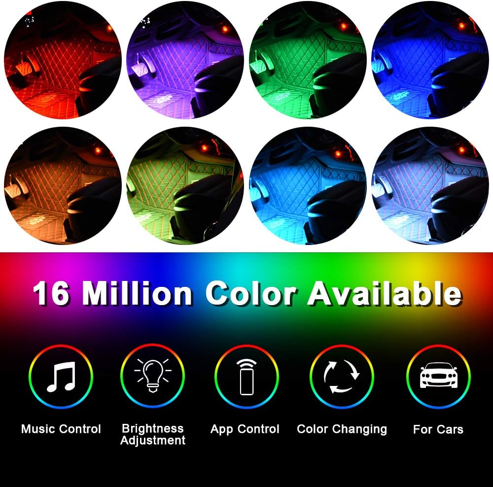Upgrade Car LED interior Lights - Viden Car Strip LED Lights APP Controlled, Waterproof with 4pcs 48 LEDs,Multi DIY Colour Music Sound-activated Car Lighting, USB Port Car Charger Light Bar,DC 5V…