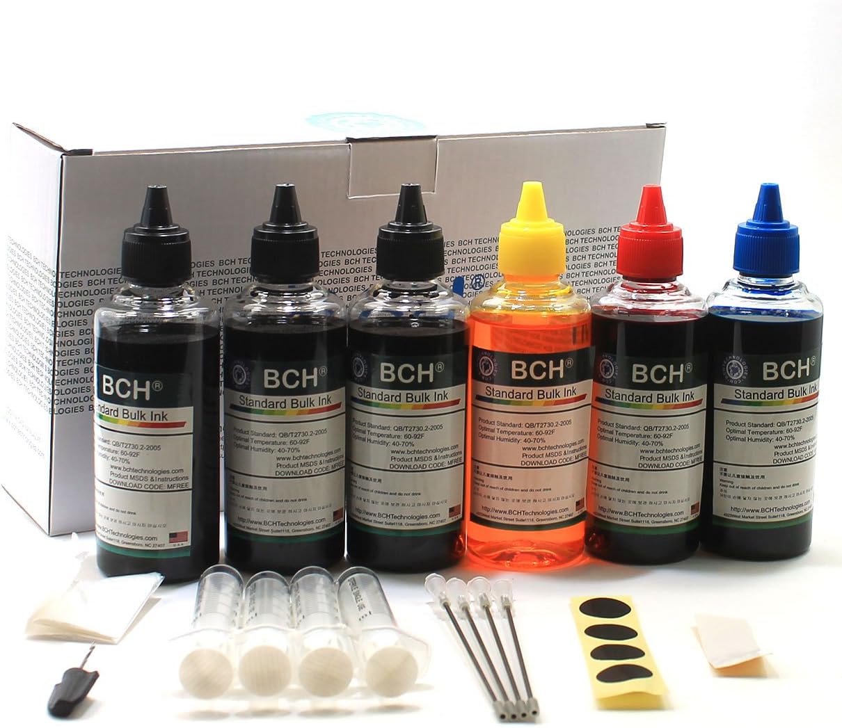 BCH Refill Ink for Inkjet Printer Cartridges Bulk 4-Color Kit with Color and Triple Blacks - H Series