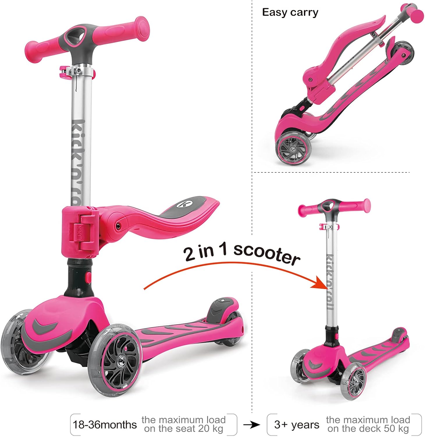 Kicknroll 3-Wheel Scooter for Kids Ages 3-12 with Light-Up Wheels, Folding Design, Adjustable Height, Extra Wide Deck (110 lbs Max)