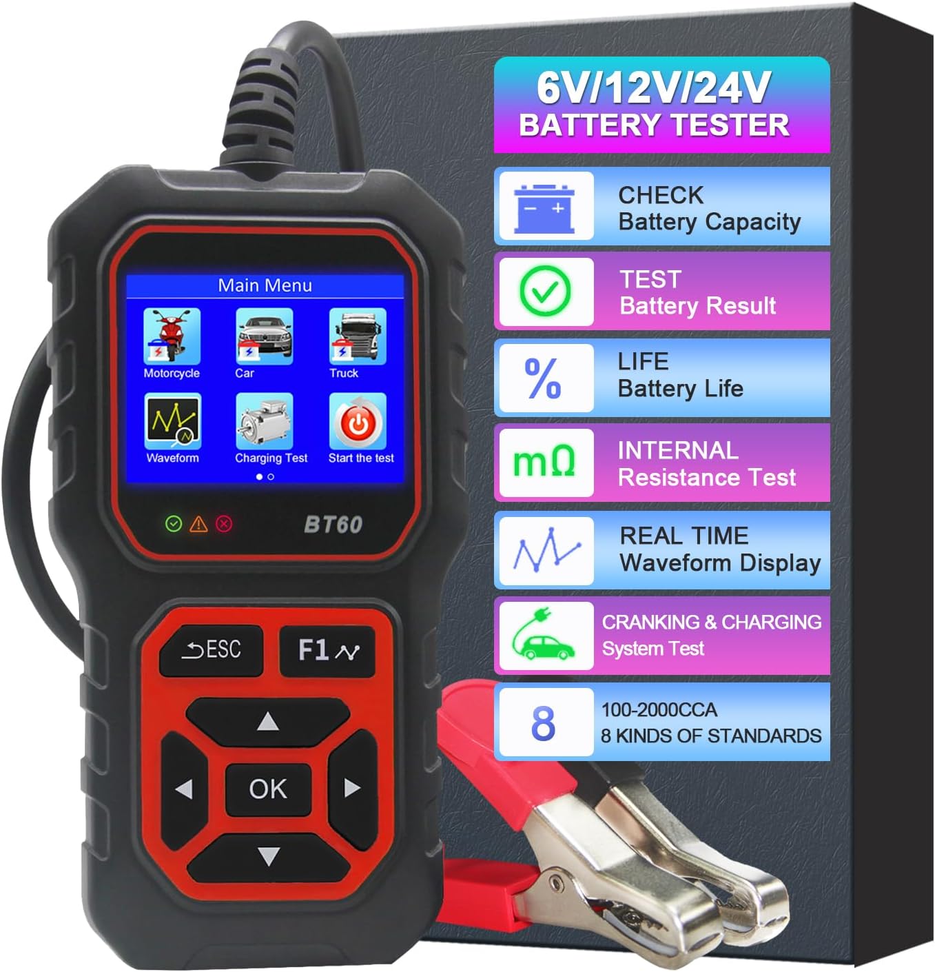 iKiKinCar Battery Tester Automotive 100-2000 CCA Battery Load Tester, BT60 12 and 24V Auto Cranking and Charging System Test Scan Tool Digital Battery Alternator Analyzer for Car Truck Motorcycle