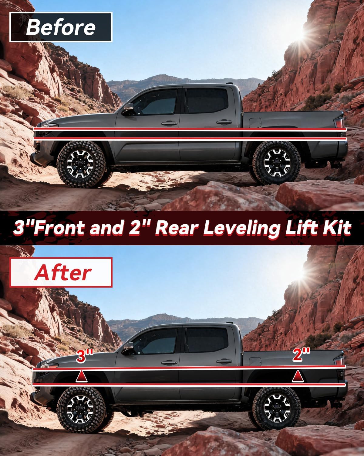 3" Front and 2" Rear Leveling Lift Kits for 2005-2023 Tacoma, 3 inch Front Strut Spacers and 2 inch Rear lift block Fit For Tacoma 2WD/4WD 2005-2023