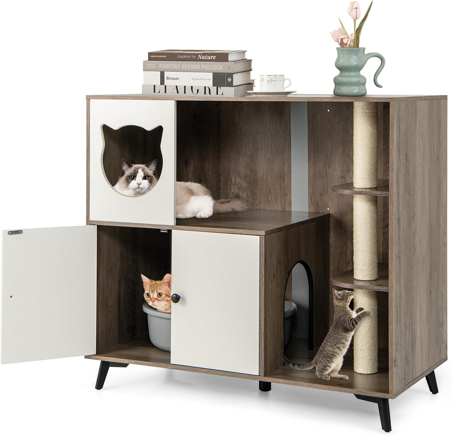 Tangkula Cat Litter Box Enclosure, 5-in-1 Enlarged Hidden Litter Box Furniture with Cat Condo, 3 Scratching Posts, 5 Metal Support Legs, Cat Washroom, Multi-Layer Cat House for Indoor Cats