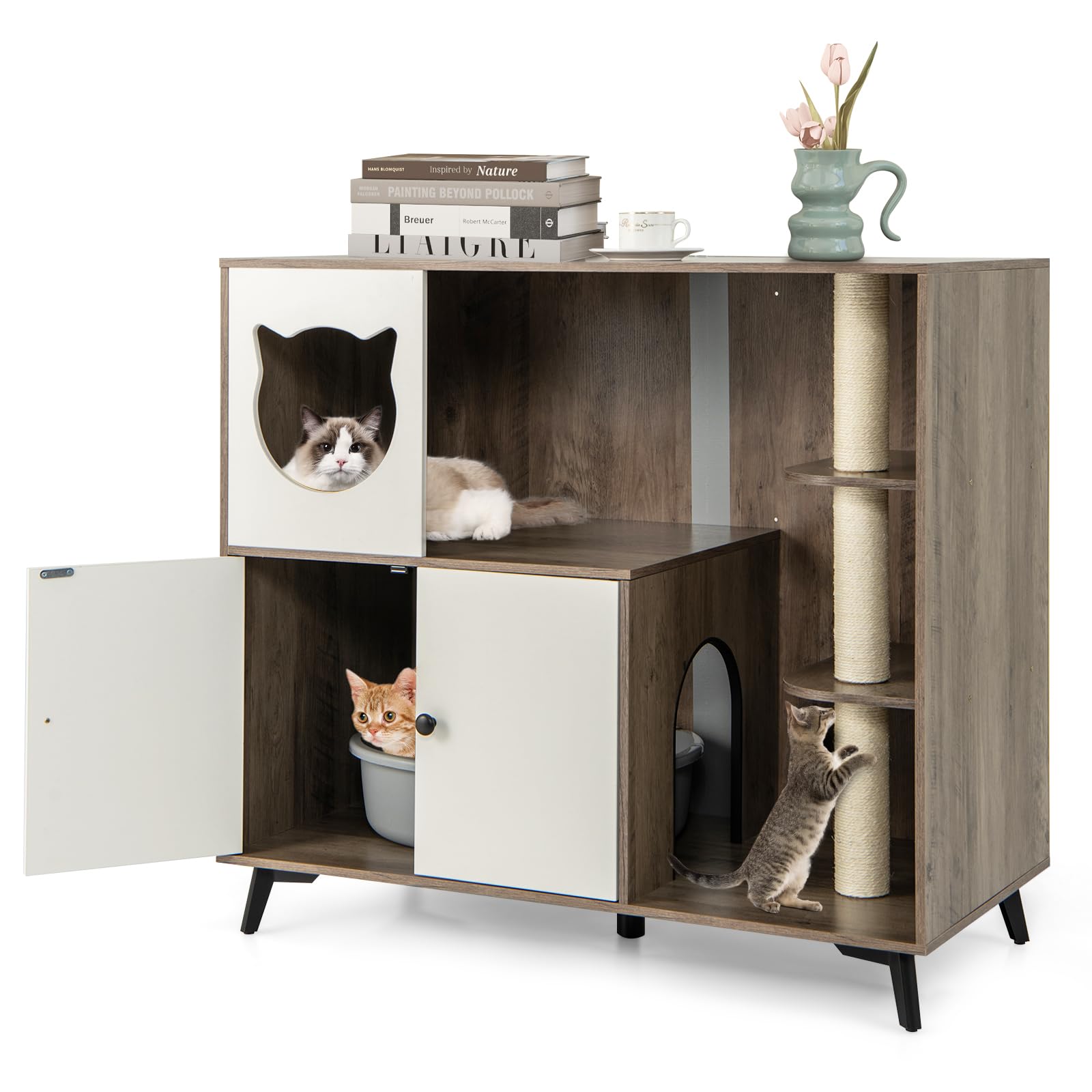 GYMAX Meuble Cache-Bac à Litière pour Chat, 3 Griffoirs à Gratter, Plateformes de Sauts, Condo pour Chat, Maison pour Chats d'Intérieur 2 Niveaux
