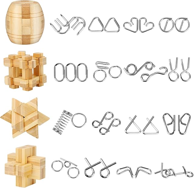 Yideng Brain Teasers Metal Puzzle & Wooden Puzzle Set IQ Test Mind Game Toys 3D Metal Wire Puzzles Magic Trick Educational Intelligence Puzzles Toy Jigsaw Puzzle for Kids Students Adults (20pcs)