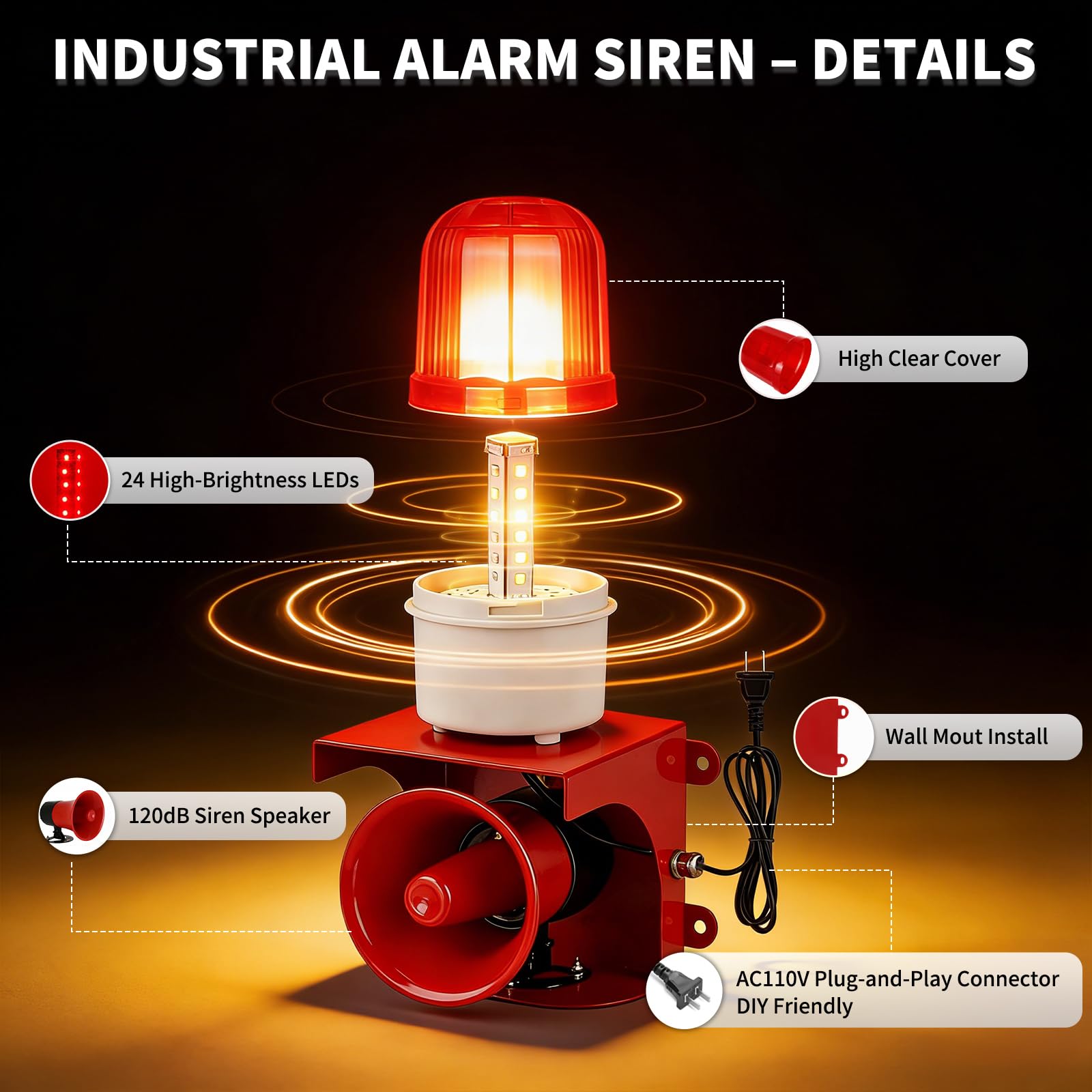 AC110V-120V - Alarma de sirena industrial con luz estroboscópica de 120 dB, cuerno fuerte y faro rojo, alarma de seguridad impermeable para interiores y exteriores para emergencias, fábrica, oficina,