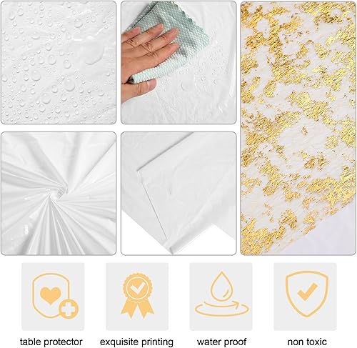 Miniatura 3 de Paquete de 12 manteles blancos de 54 x 108 pulgadas y 11 x 108 pulgadas, juego de camino de mesa dorado para decoración de fiesta, mantel desechable