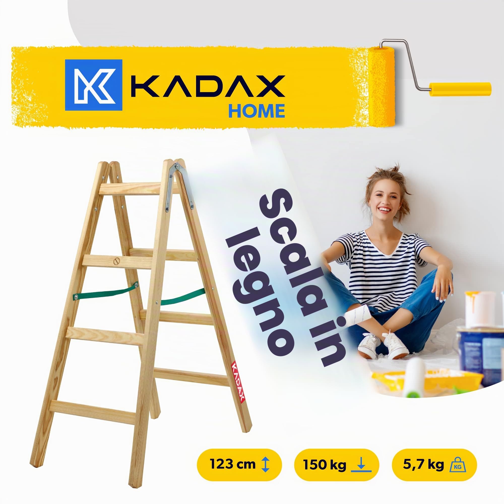 KADAX Scala a Pioli Doppia in Legno di Pino Impregnato, Scaletta Pieghevole con Gancio in Acciaio e Certificata EN 131, Fino a 150 kg (4 Gradini)