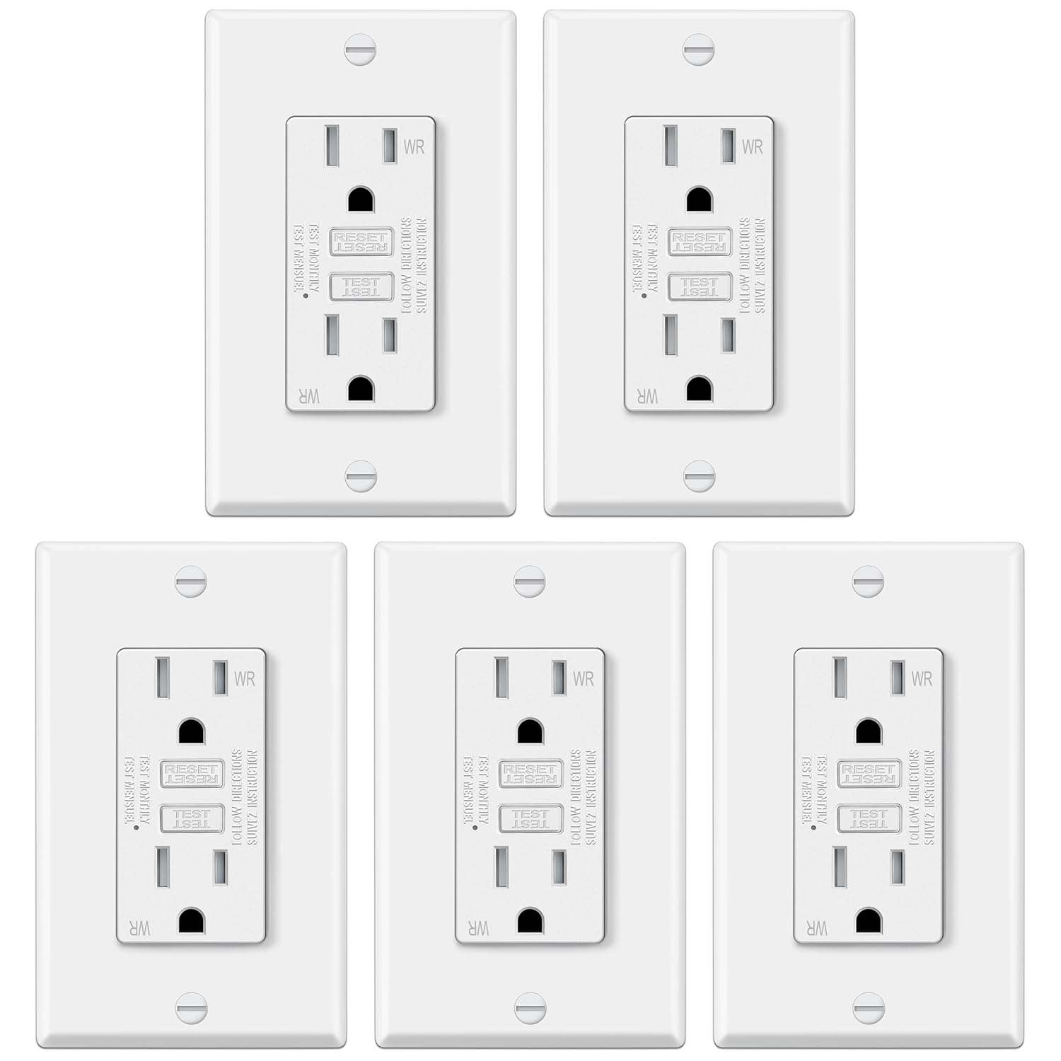 ELECTECK 5 Pack GFCI Outlet 15 Amp, Outdoor Weather Resistant (WR), Ultra Slim GFI Receptacles with LED Indicator, Ground Fault Circuit Interrupter, Wallplate Included, ETL Listed, White