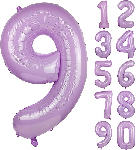 Globos de 40 pulgadas color morado macarrón con números para helio, globos de Mylar para fiesta de cumpleaños, decoración de banquete 9 Globos de 40 pulgadas color morado macarrón con números para helio, globos de Mylar para fiesta de cumpleaños, decoración de banquete 9