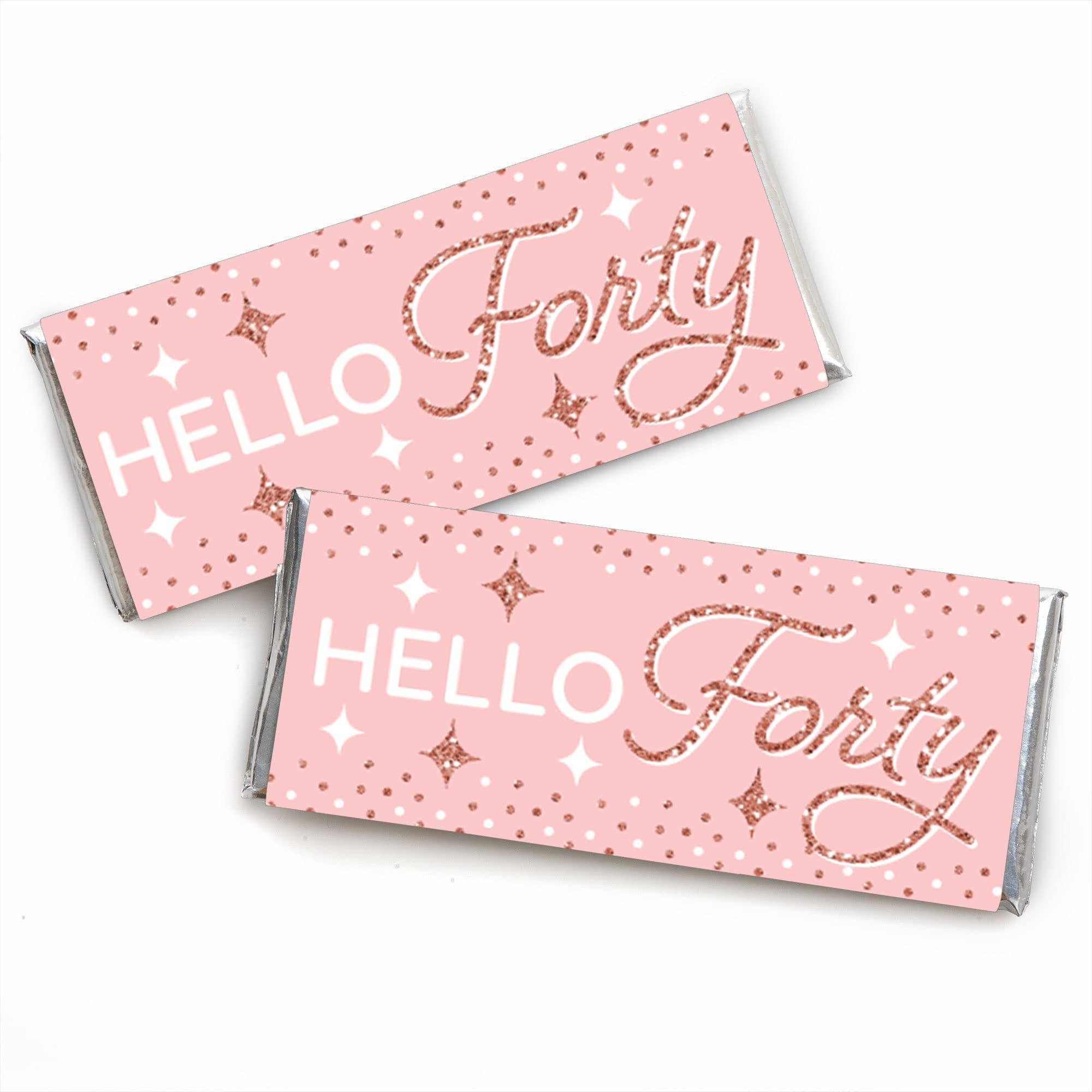 Big Dot of Happiness 40th Pink Rose Gold Birthday - Candy Bar Wrapper Happy Birthday Party Favors - Set of 24