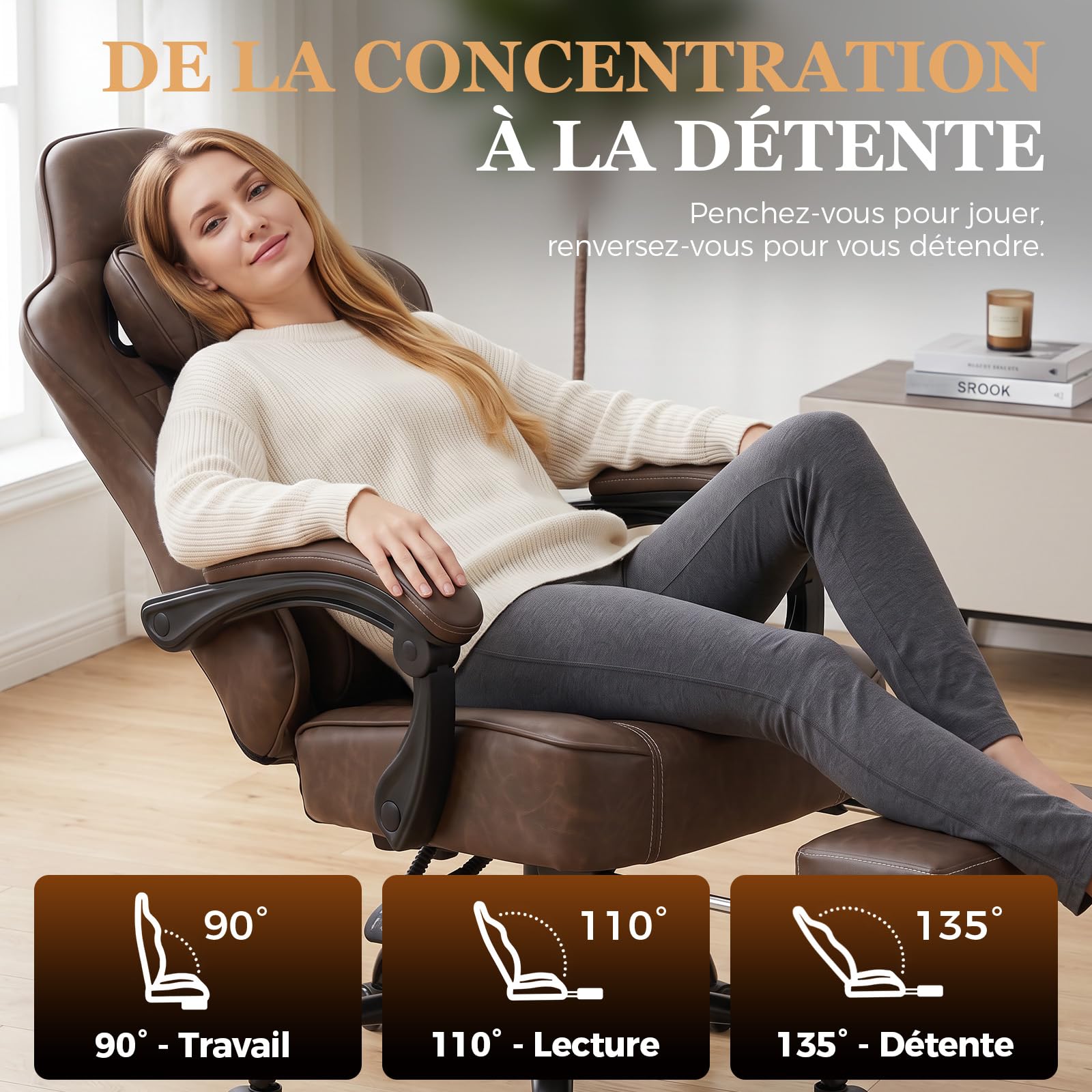 GTPLAYER Chaise Gaming, Ergonomique Fauteuil de Bureau, Siège tournant et réglable en Hauteur à accoudoirs synchronisés, Coussin Lombaire, Coussin pour la Tête et Supporte 150 kg, Cuir, Brun Rétro