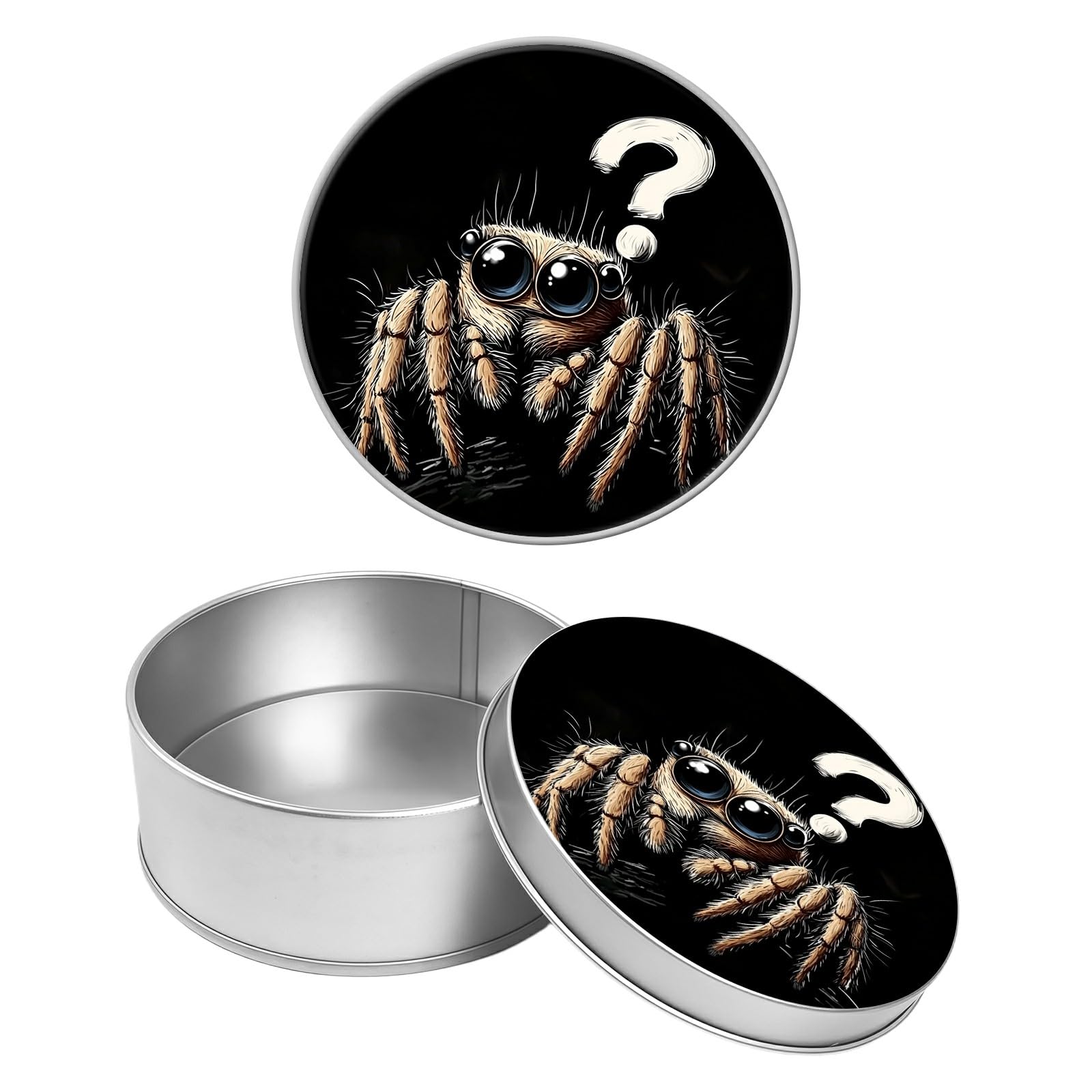Round Metal Tin Container with Removable Lid, Confused Spider Durable Metal Storage Box for Crafts Snacks Candies Office Supplies Small Items 3.54 x 1.38 inch– Single Pack