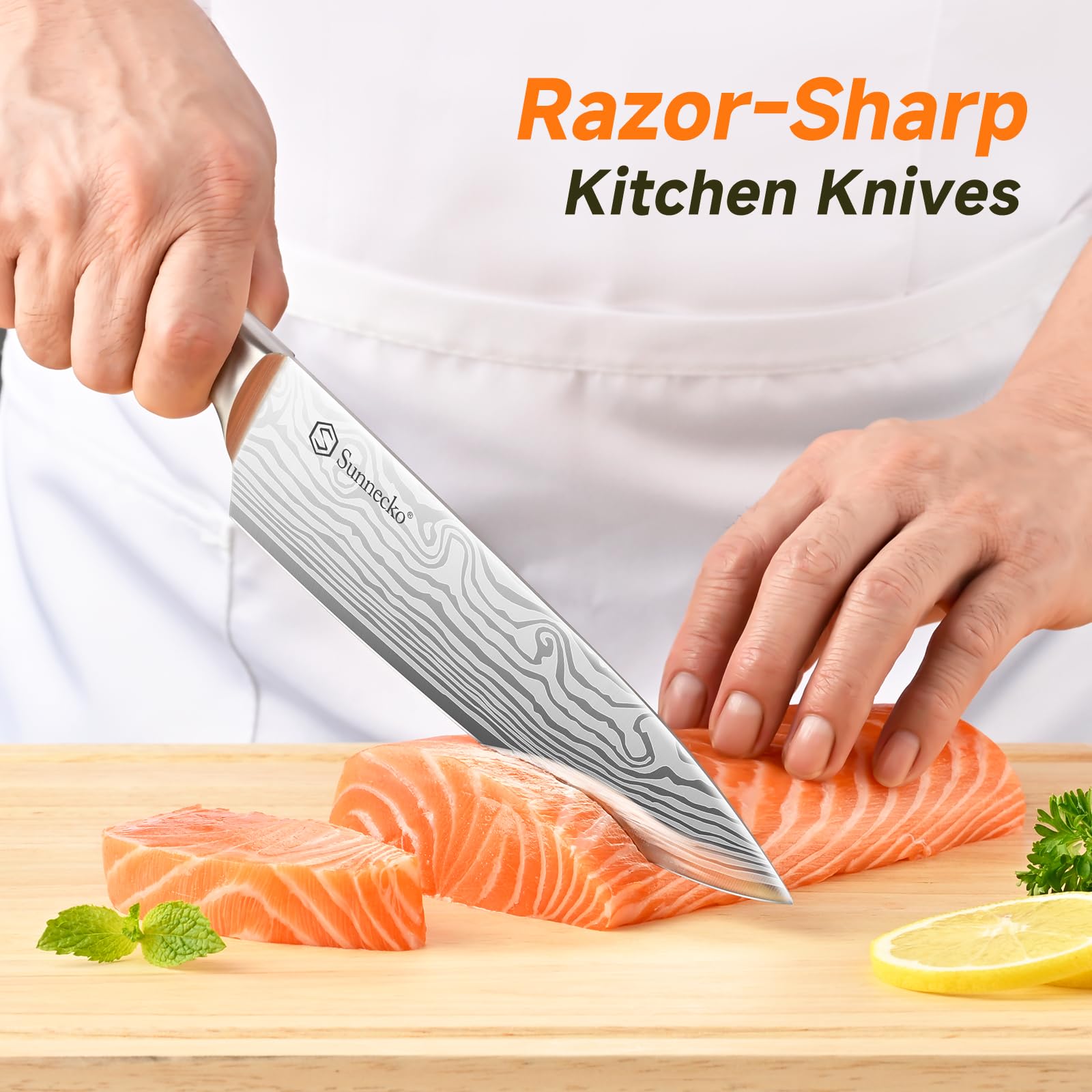 Sunnecko Knife Set with Block and Sharpener, 15 Piece Kitchen Knife Block Set Sharp Kitchen Knives High Carbon Stainless Steel with White Handles