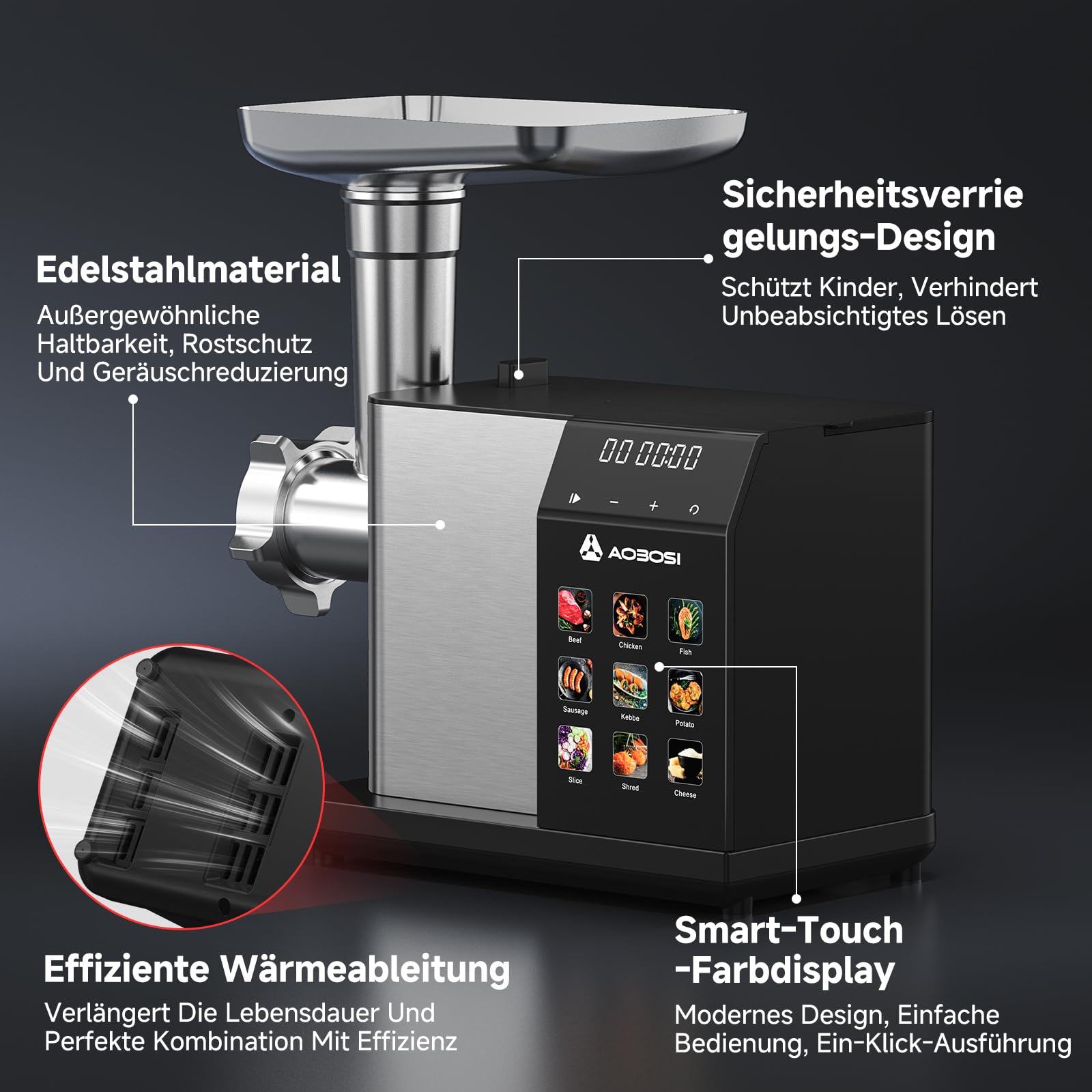 AAOBOSI Elektrischer Fleischwolf [3000W Max] mit LED-Anzeige, 9 Geschwindigkeitsstufen, Edelstahl-Schneideaufsatz, Wurstfüller & Kibbe-Maker, Integrierter Aufbewahrungsbehälter, Für den Heimgebrauch