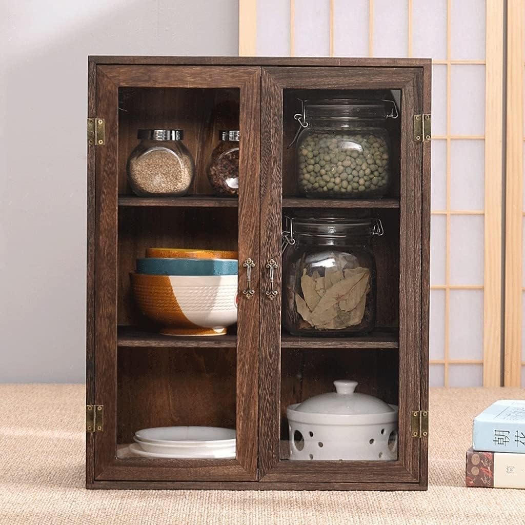Solid Wood Tea Cabinet Dustproof Cup Holder Small Blog Shelf Desktop Countertop Mini Organizer with Acrylic Windows