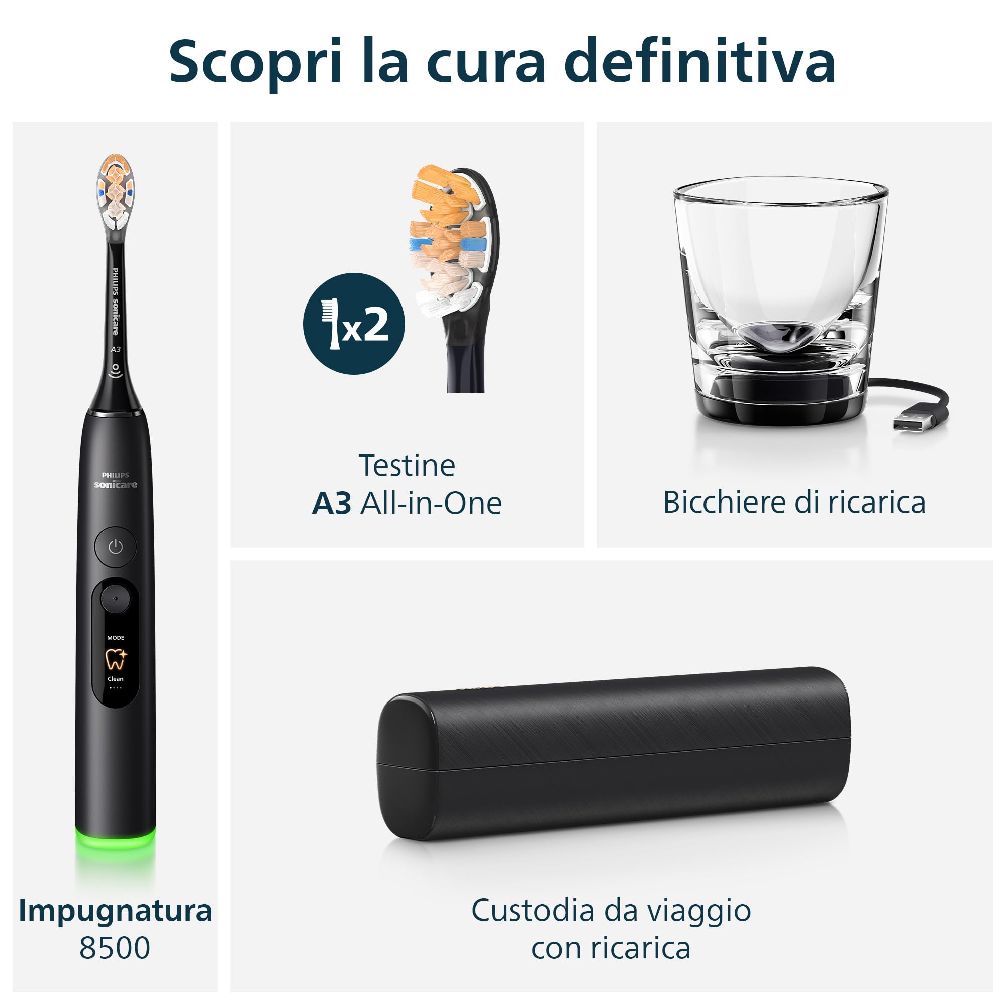 Philips Sonicare Next-Generation DiamondClean 8500 Spazzolino elettrico - con Feedback di pressione, 18 impostazioni, nero, HX8514/12