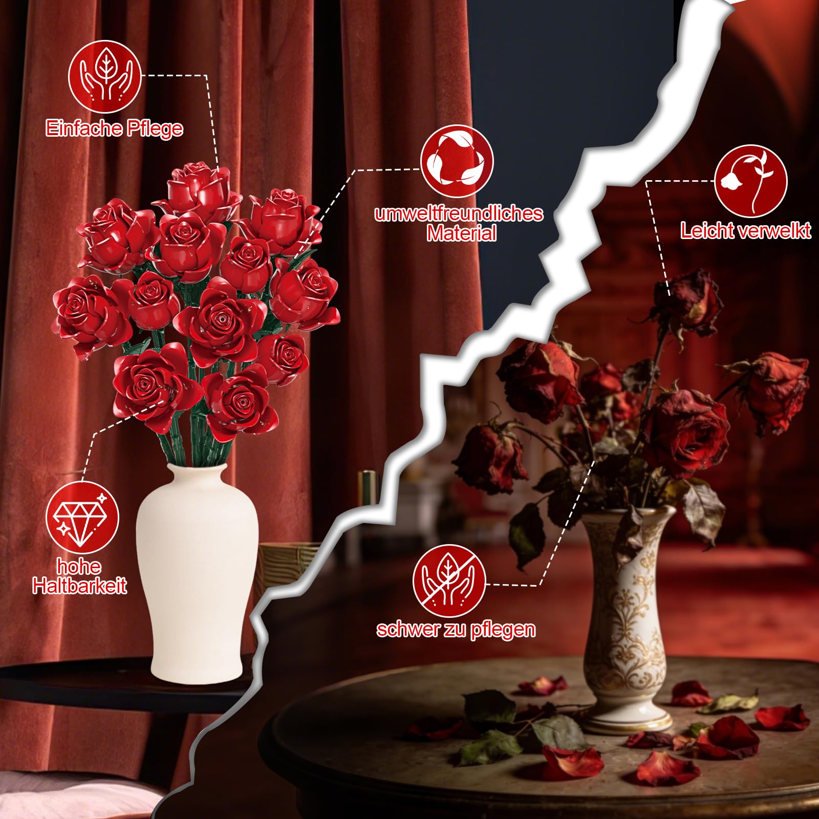 Rot Rosenstrauß Bausatz, 12 Künstliche Rosen Klemmbausteine Blumen (546PCS) | Geschenk für Ihn Sie zum Valentinstag, Botanicals Blumenstrauß, Geschenk für Geburtstag, Jahrestag, Muttertag, Heimdekoration