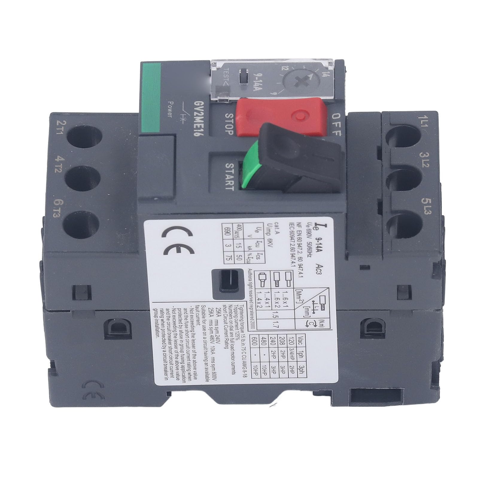 Bewinner Disyuntor de Motor GV2‑ME16 9‑14A, Botón de Arranque Manual del Motor, Protección contra Sobrecarga Magnética Térmica, Montaje en Riel AC690V 6KV, Interruptor de Protección del en Riel DIN