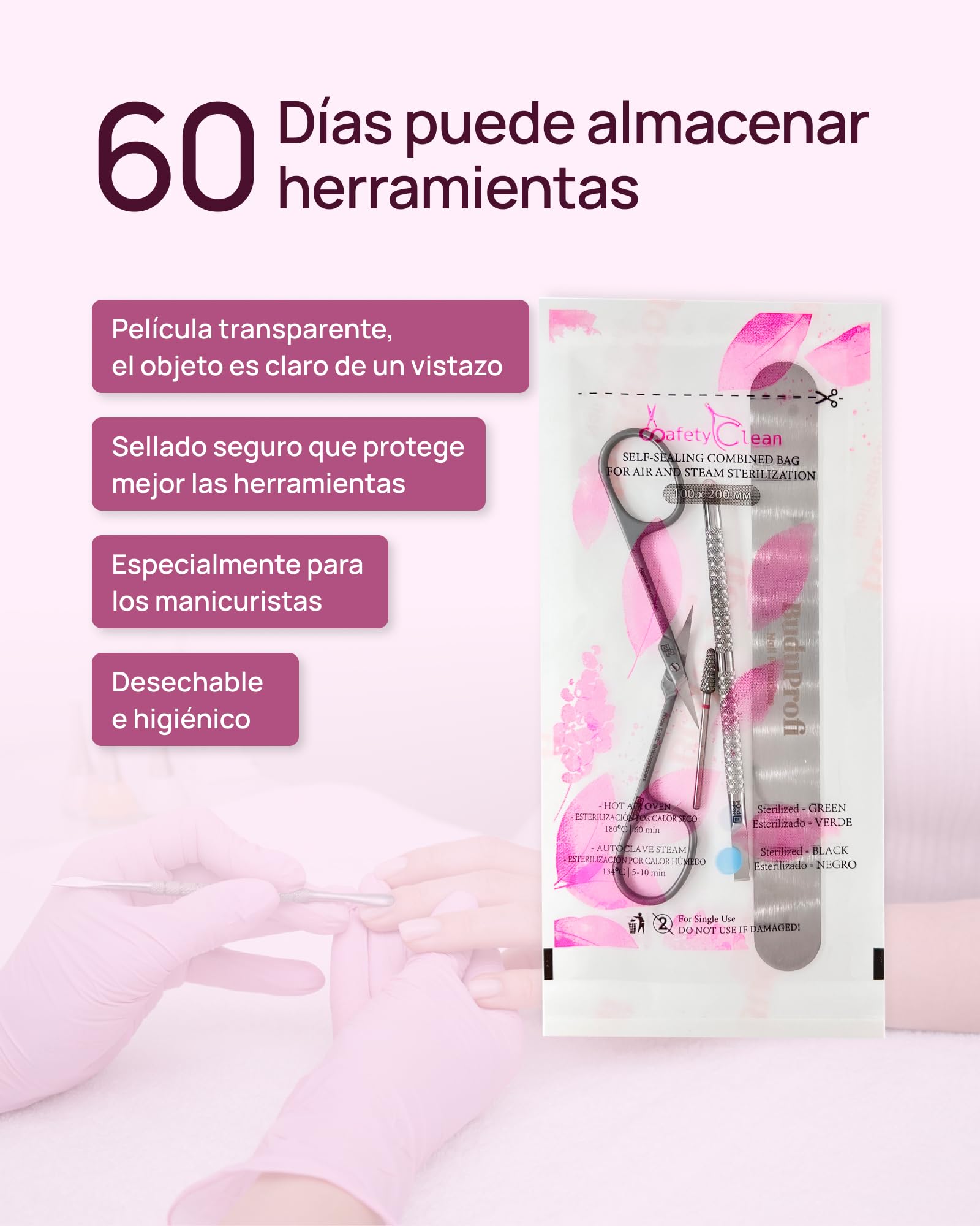 Safety Clean Bolsas de Esterilización Transparentes Indicador Autoclave Manicura Pedicura