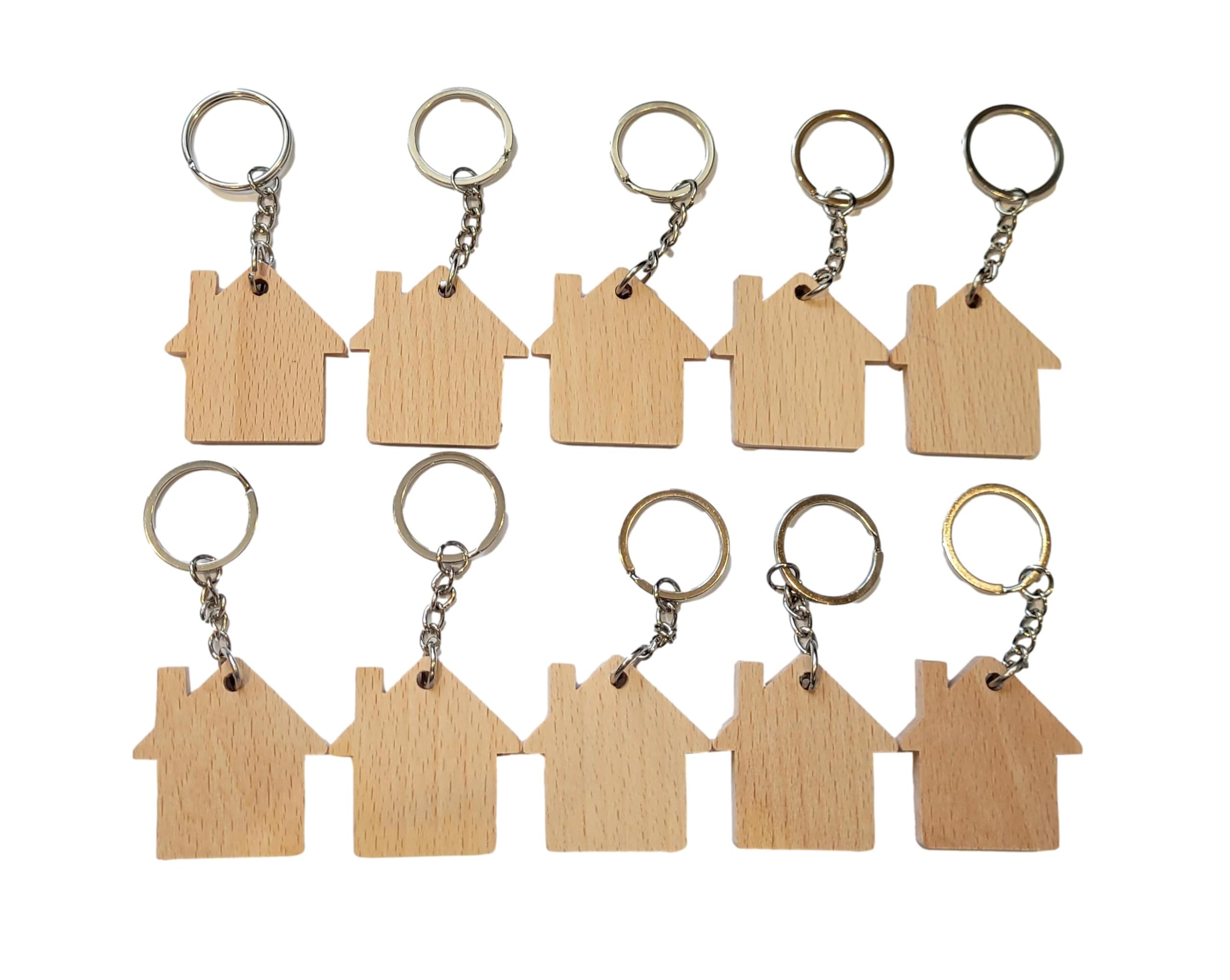 Wooden World Unisex Raw - Set Of 10 Key Chain - Home Shape House Wooden Key Ring