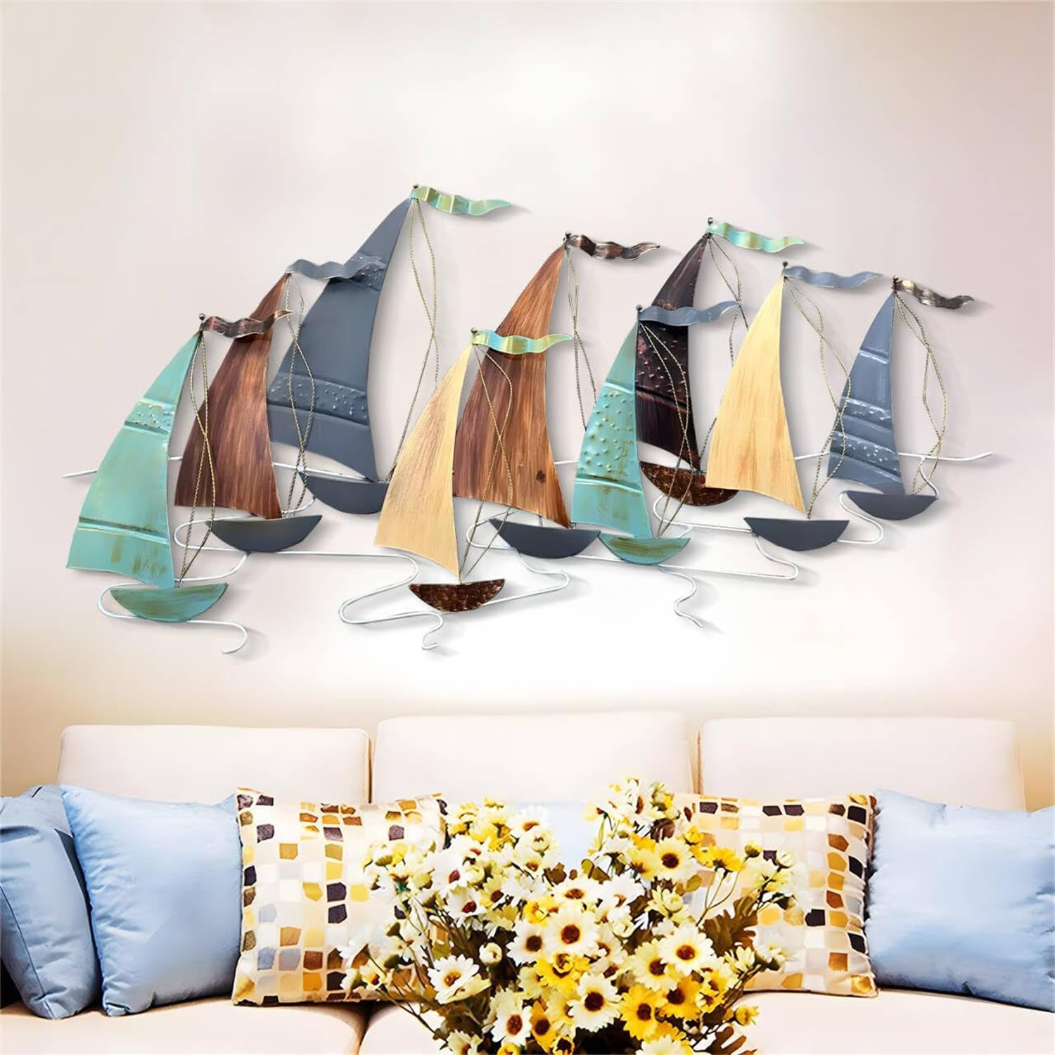 Décoration Murale en métal représentant Un voilier, 130 x 66 cm, décoration Murale de Style Nautique côtier, Sculptures murales 3D en Fer, pour Salon et Chambre à Coucher.
