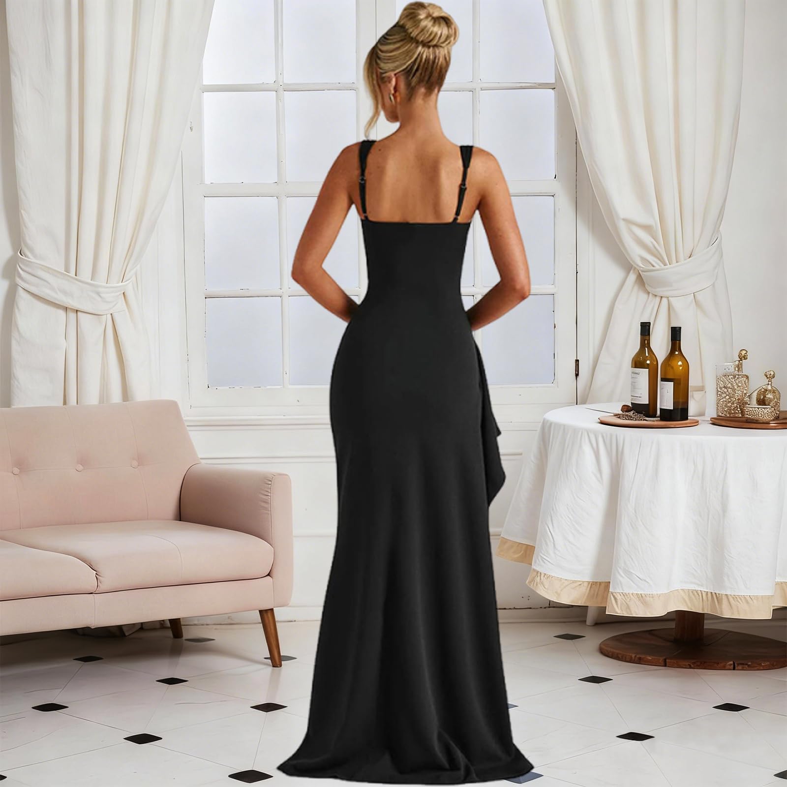 Vestido de Fiesta Largo para Mujer Elegante Maxi Vestido Ajustado sin Mangas Sexy Vestidos Cuello Cuadrado con Abertura Vestidos Formal de Noche Bodycon para Cóctel Invitada Boda Ceremonia