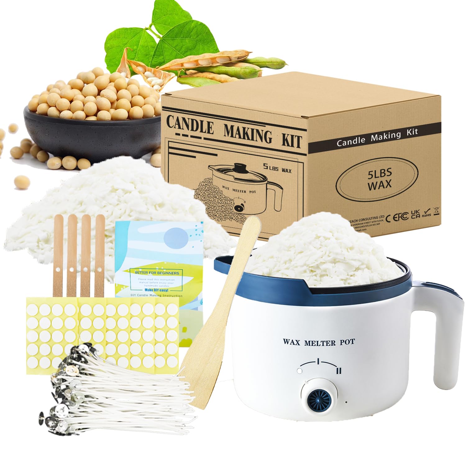 Soy Candle Wax Making Kit with Electric Wax Melter,DIY Candle Maker Supplies: Bulk Soy Wax and 100 Wicks for Candle Making, 5lbs Soy Wax Melting Kit for Beginner Adults