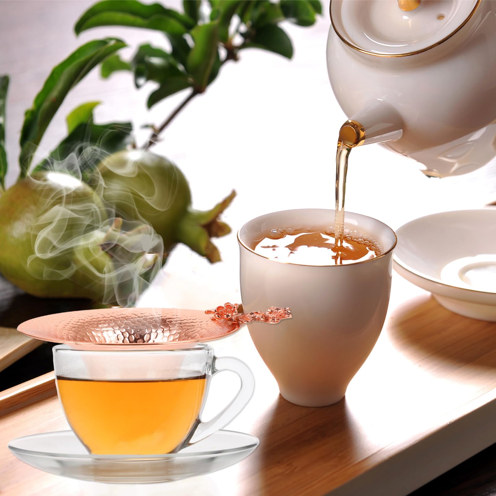 OUNONA 3piezas Colador De Té De Cobre Chic Para Infusiones De Sueltas Filtrador De Té Resistente y Reutilizable Diseño De Flor De Ciruelo y Decoración Del Hogar