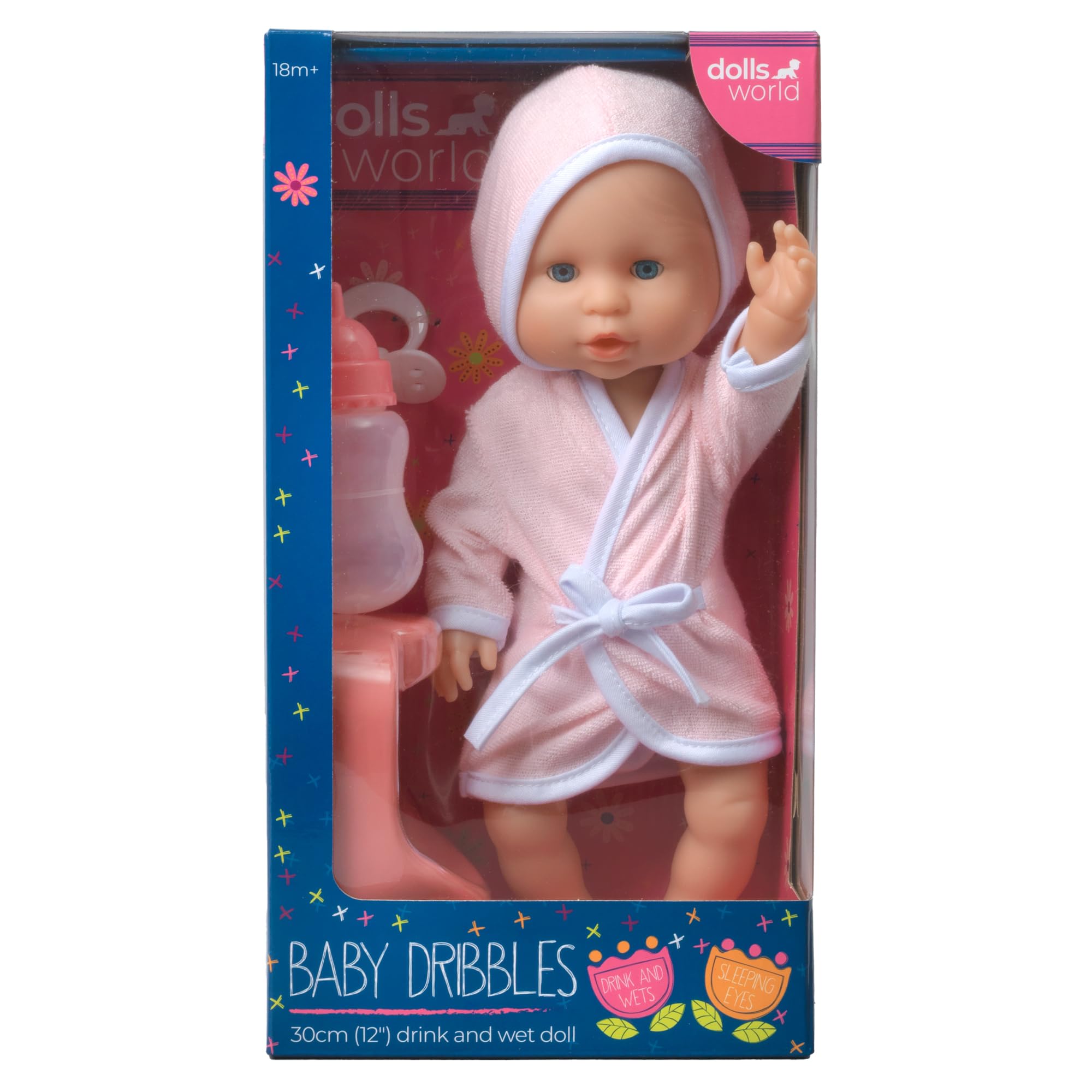Dolls World from John Adams | Baby Dribbles Doll | 30cm (12") Deluxe Vinyl Drinking & Wetting Realistic Baby Doll with Removable Outfit, Potty, Bottle & Dummy | Dolls & Accessories | Ages 18 Months+