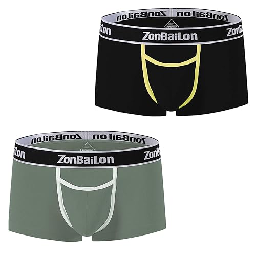 ZONBAILON Horizontal Fly Mens Underwear Comfy Boxer Briefs for Men Pouch - X-Large - 2 Pack Black/Bean Green