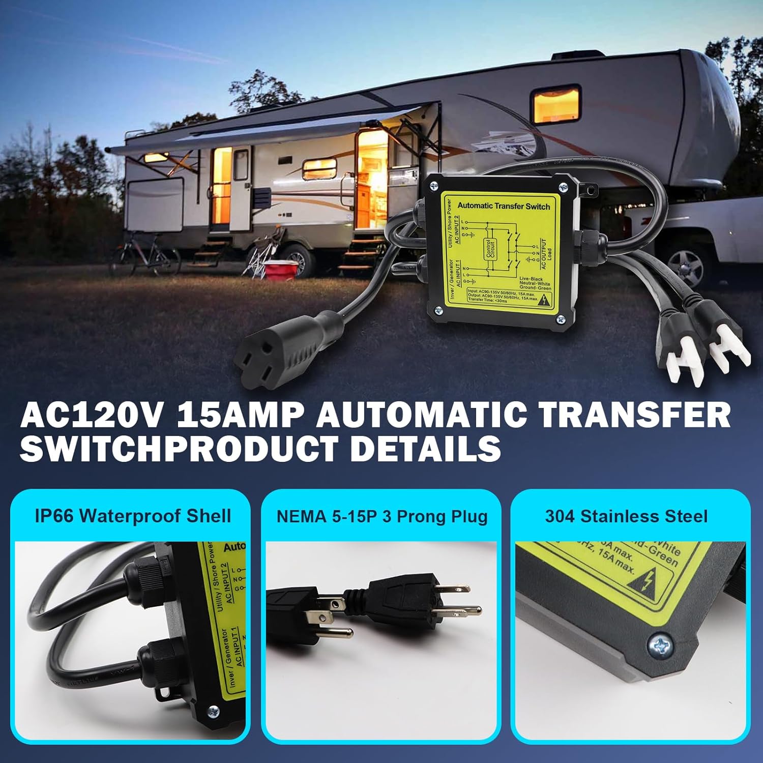 AC120V 15 Amp ATS Automatic Transfer Switch，Generator Transfer Switch(NEMA 5-15P/R)