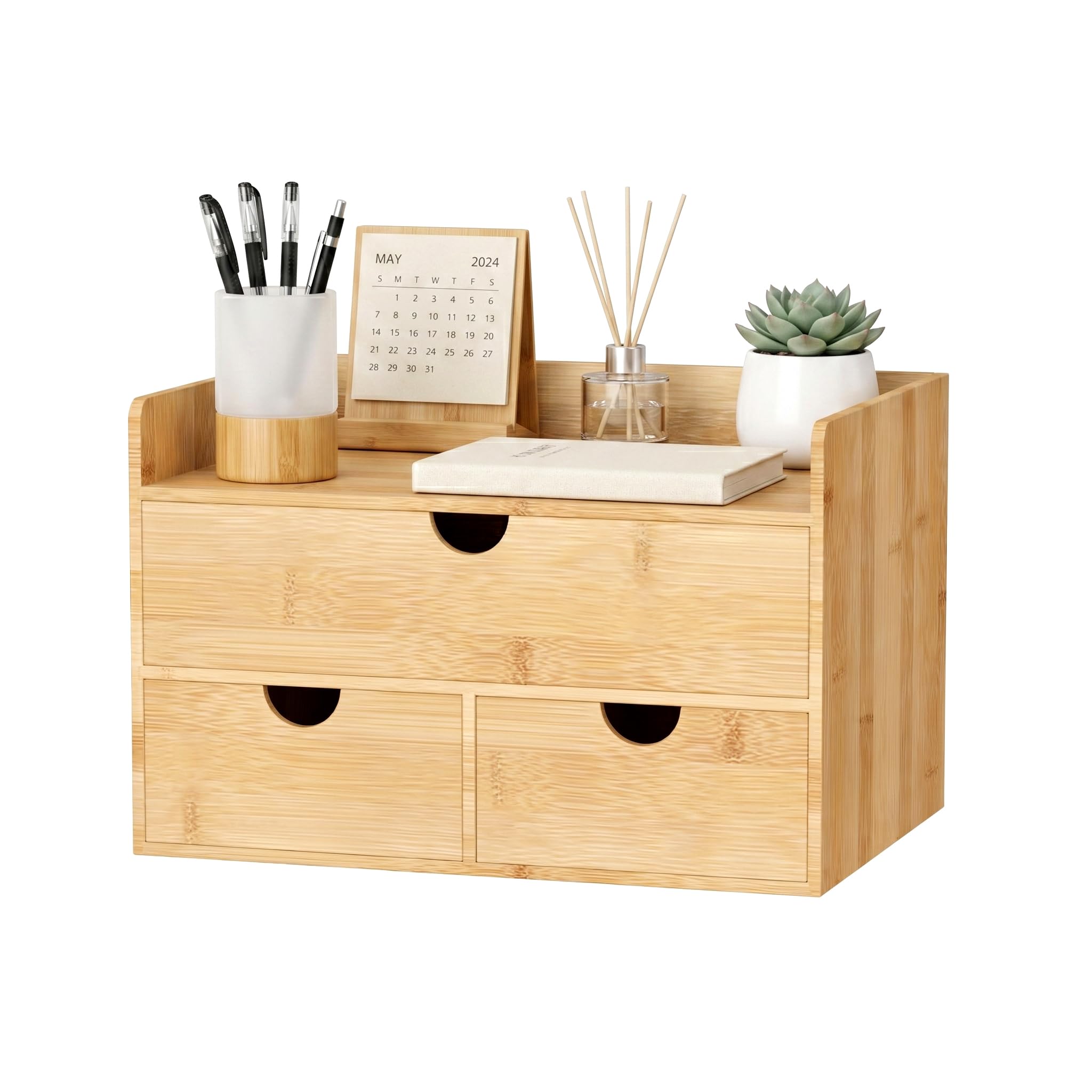 Photo 1 of Bamboo Desk Organizer with Drawers, Desktop Storage for Office Supplies