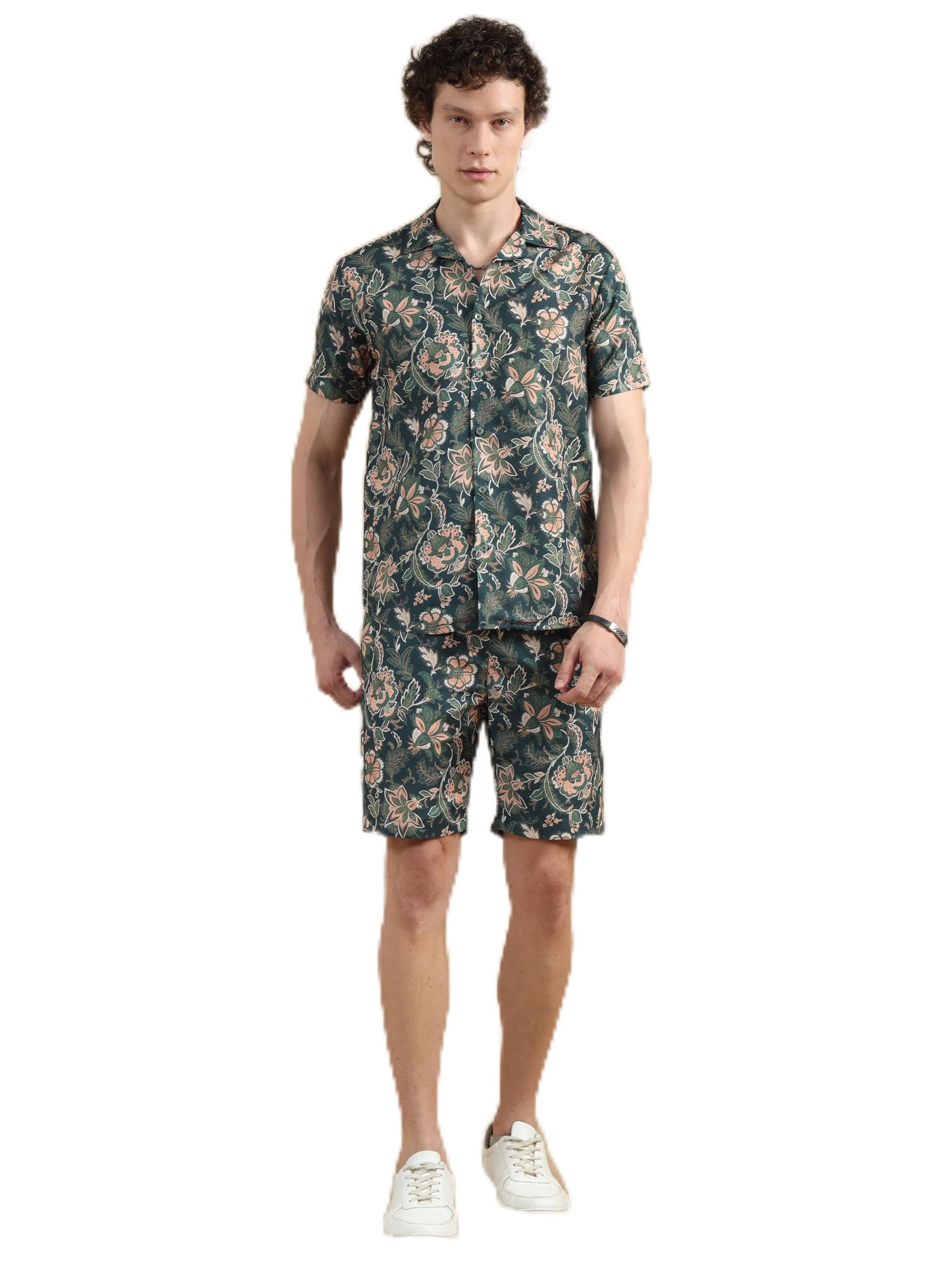 Men’s Casual Co-Ords Set Half-Sleeve Rayon Printed with Lapel Collar & Comfortable Shorts - Regular Western Style Night Suit Green-XL-image-49
