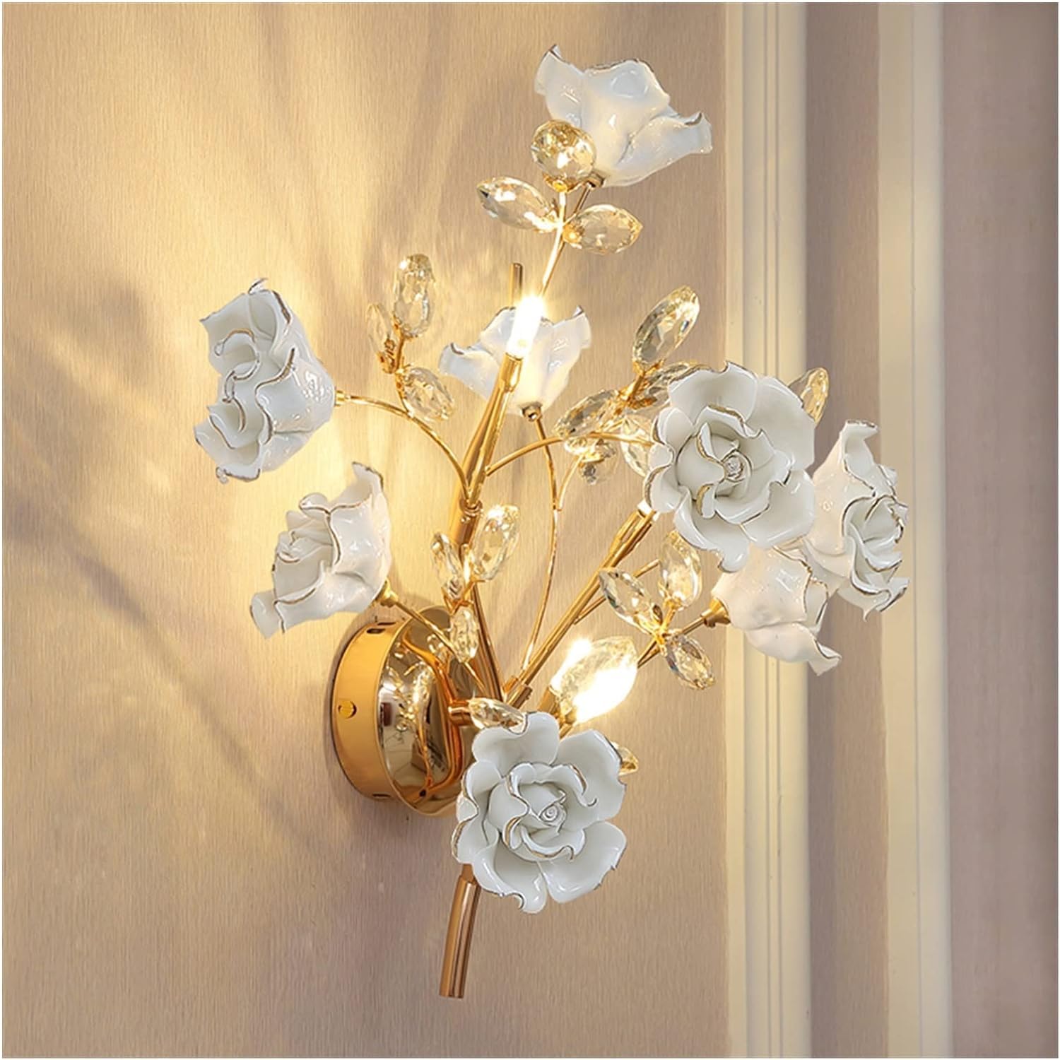 JYBNBBE Wall lamp, Bedroom Bedside Wall Lamp Modern Simple Ceramic Sconce - Crystal Flower Wall Light Living Room Stair Aisle LED Lighting,White2light