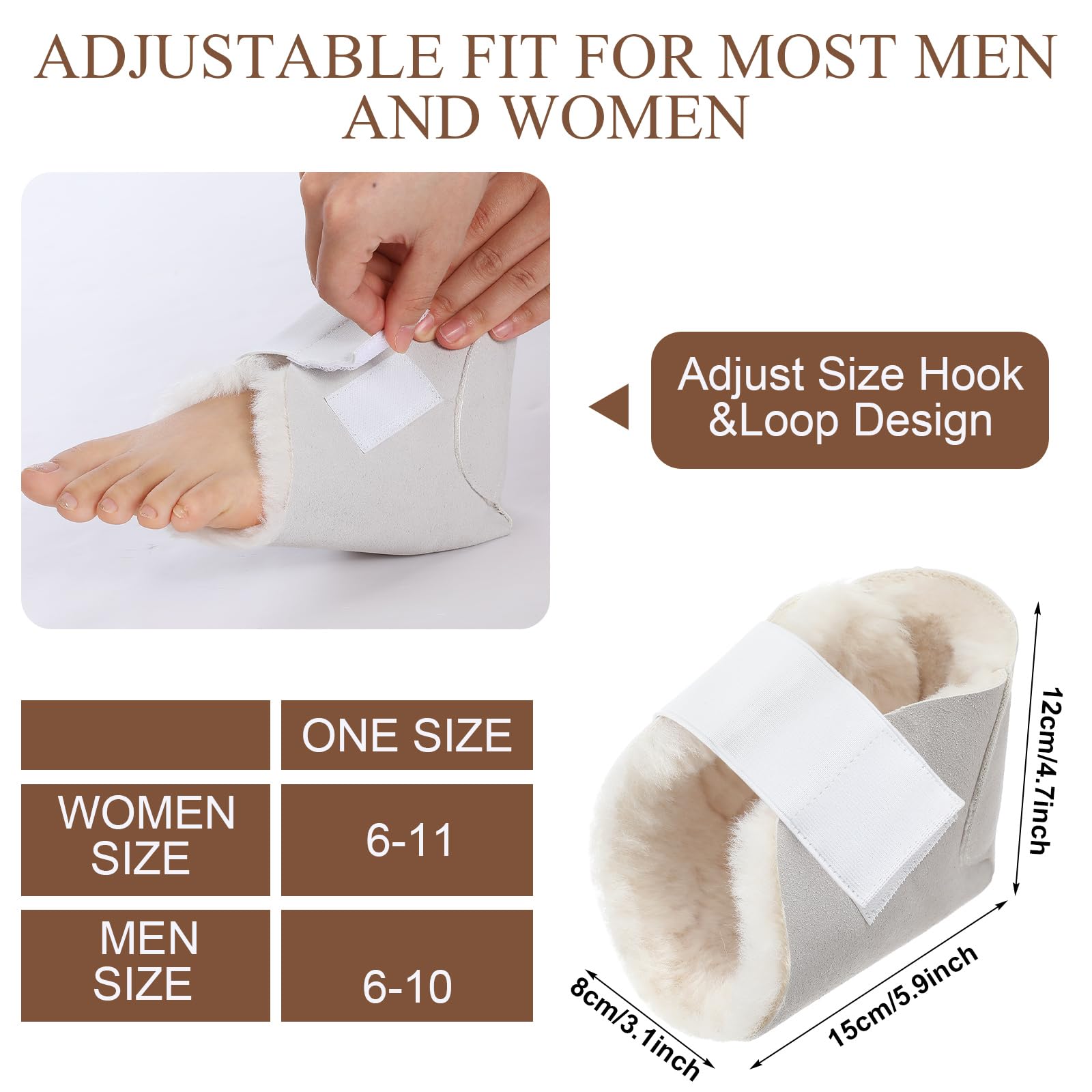 Fersenschutz für Stiefel, Schaffell, weiche Fußpolster mit Sicherungsriemen zum Schutz der Füße, Knöcheldruck, Bettwunden, 2 Paar (Beige, Braun)