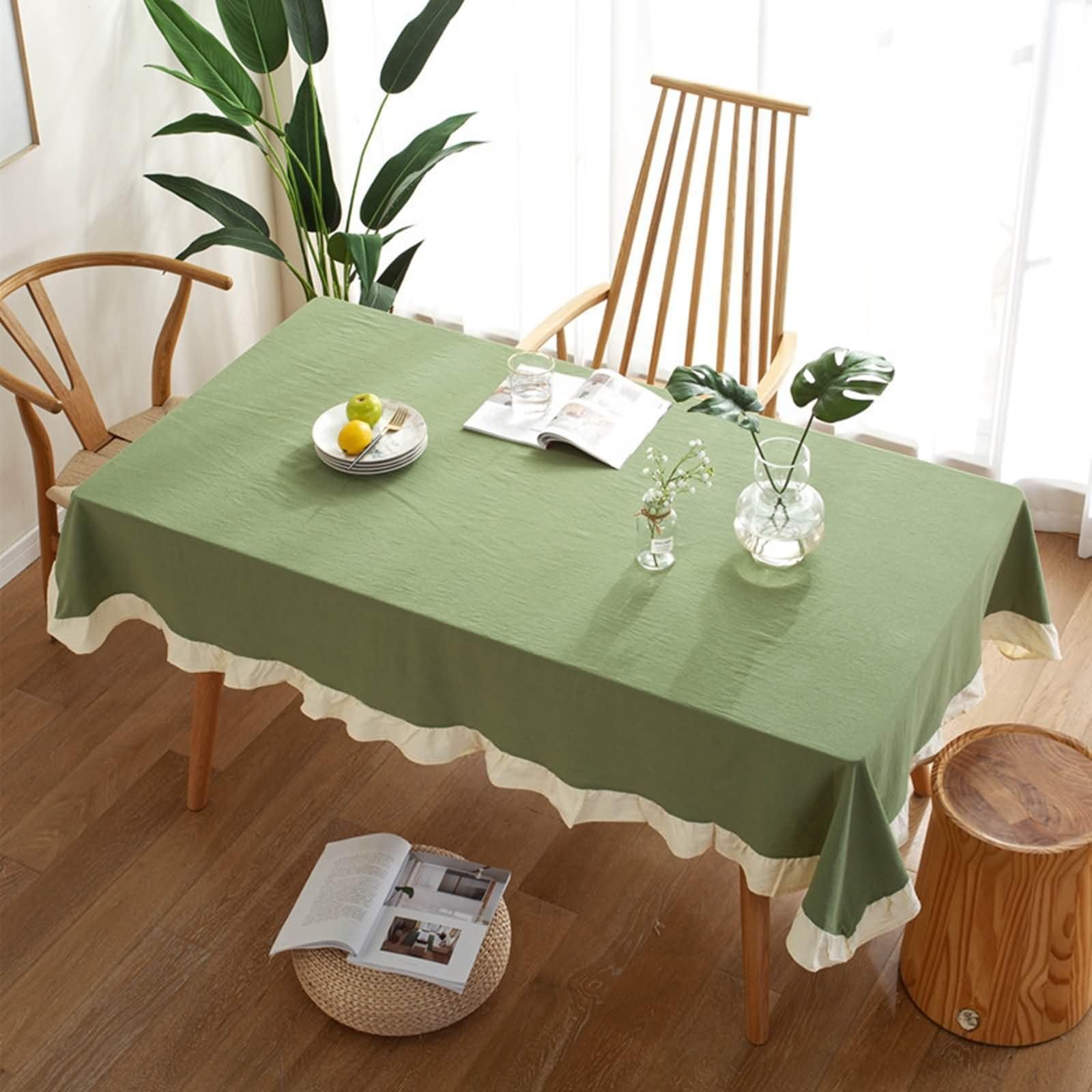 Nappe Rectangulaire de Jardin Vert, Couleur Unie avec Volant, Coton Élégant, 140 x 200 cm, pour Salon et Table Basse