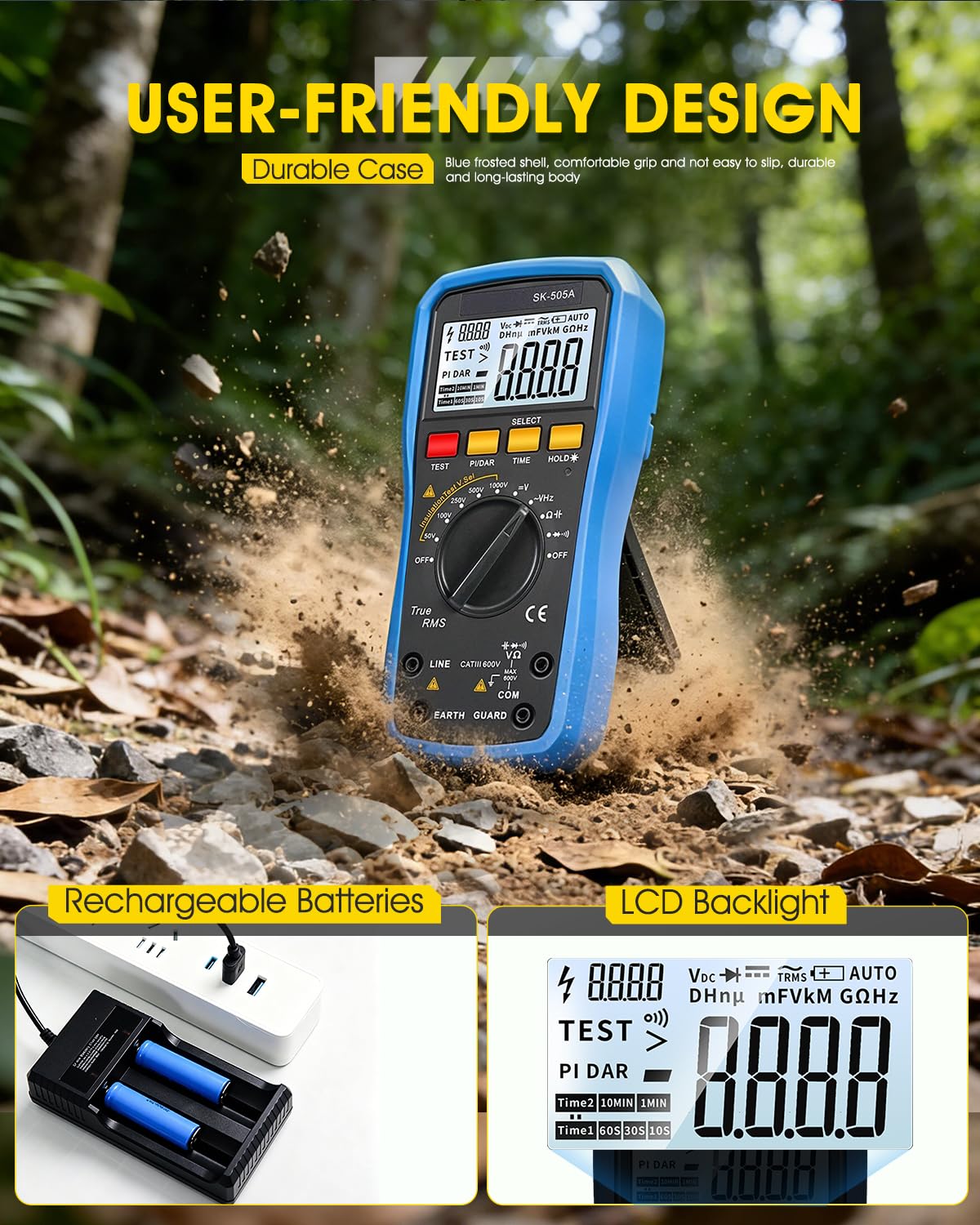 Megohmmetro Multimetro, Tester di Resistenza Isolamento 0,05 MΩ–20 GΩ, Tensione Nominale 50 V–1000 V, Test PI/DAR, CA/CC, Resistenza Capacità per Apparecchiature Elettriche, Trasformatori, Motori